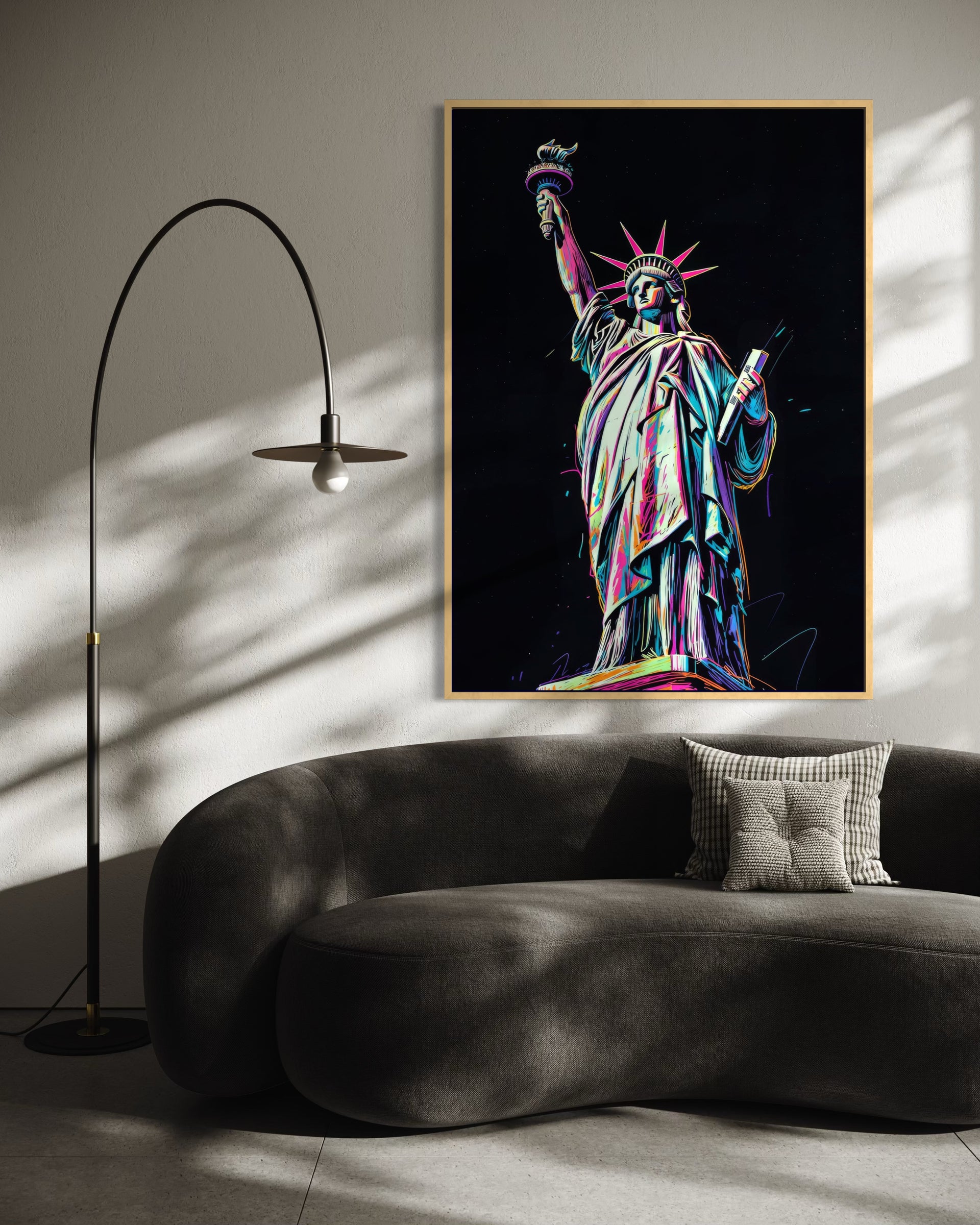 Stampa La Fiamma Elettrica con cornice oro e sfondo scuro, stile neon
