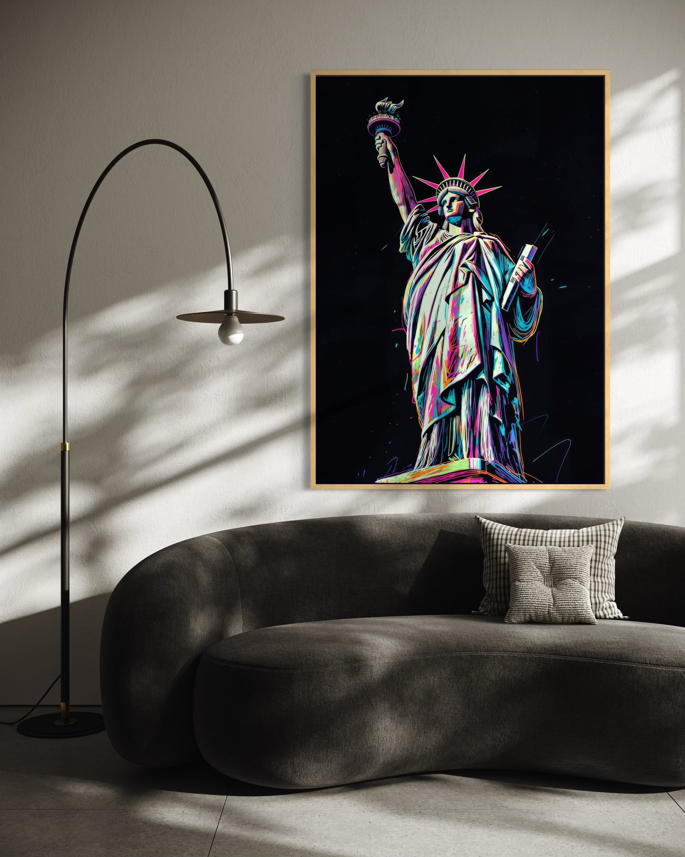 Stampa La Fiamma Elettrica con cornice oro e sfondo scuro, stile neon