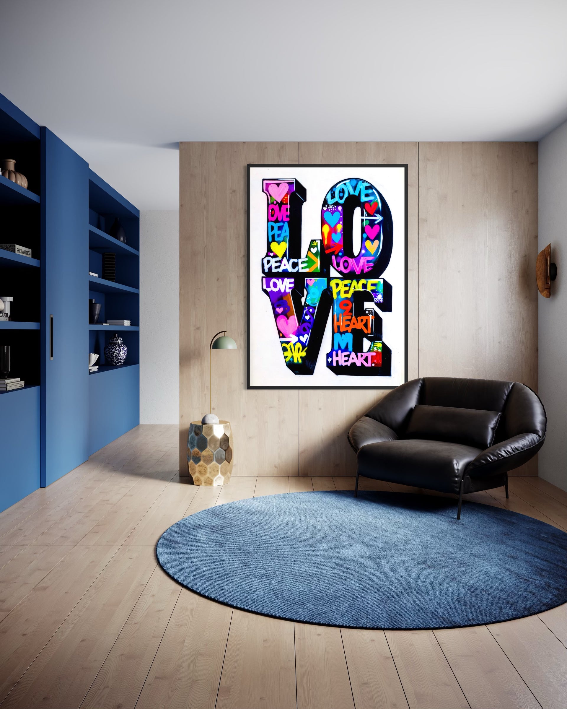 Graffiti Heart Explosion with colorful heart graffiti on dark background, black frame
