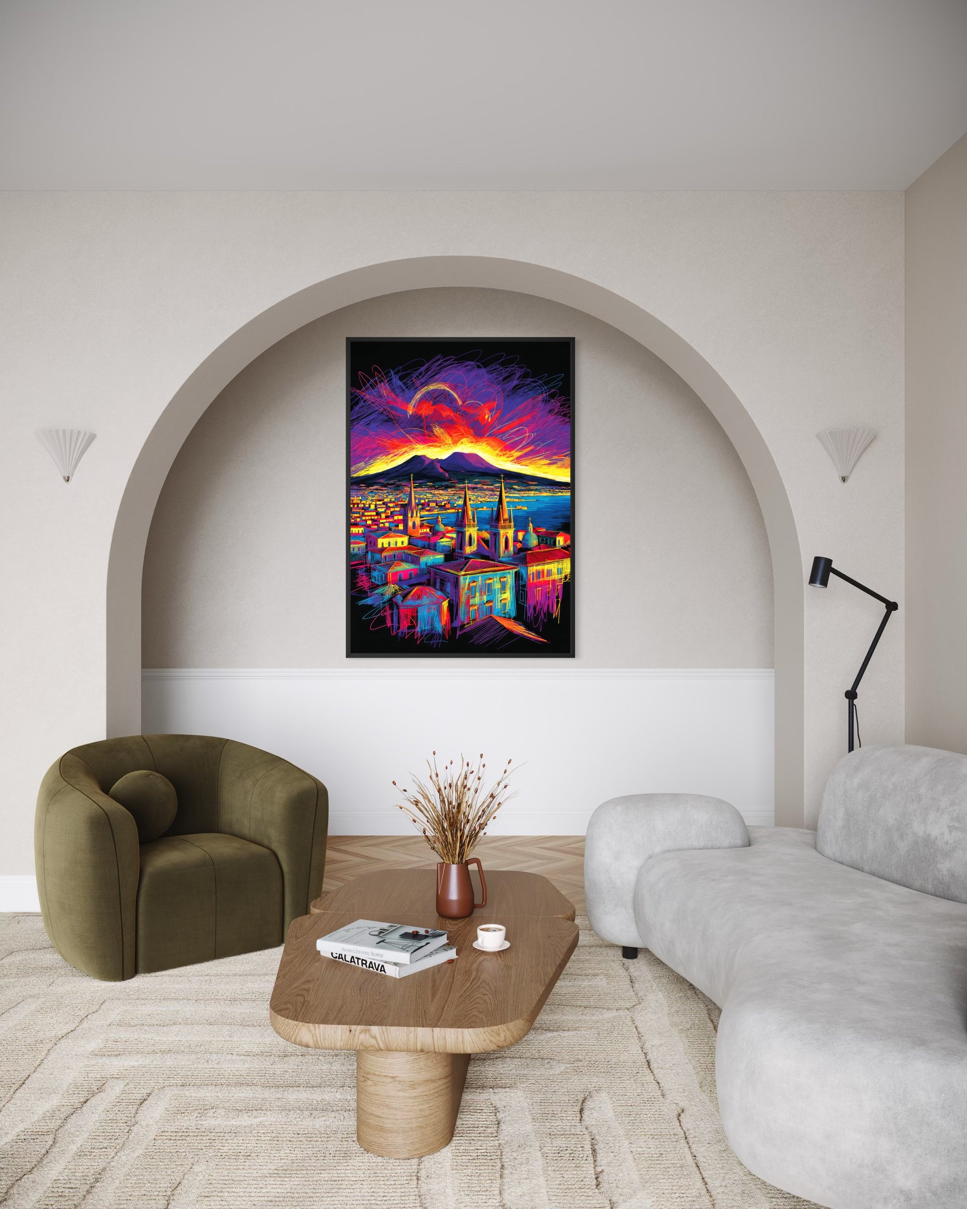 Napoli Neon Night: stampa neon su skyline con cornice nera