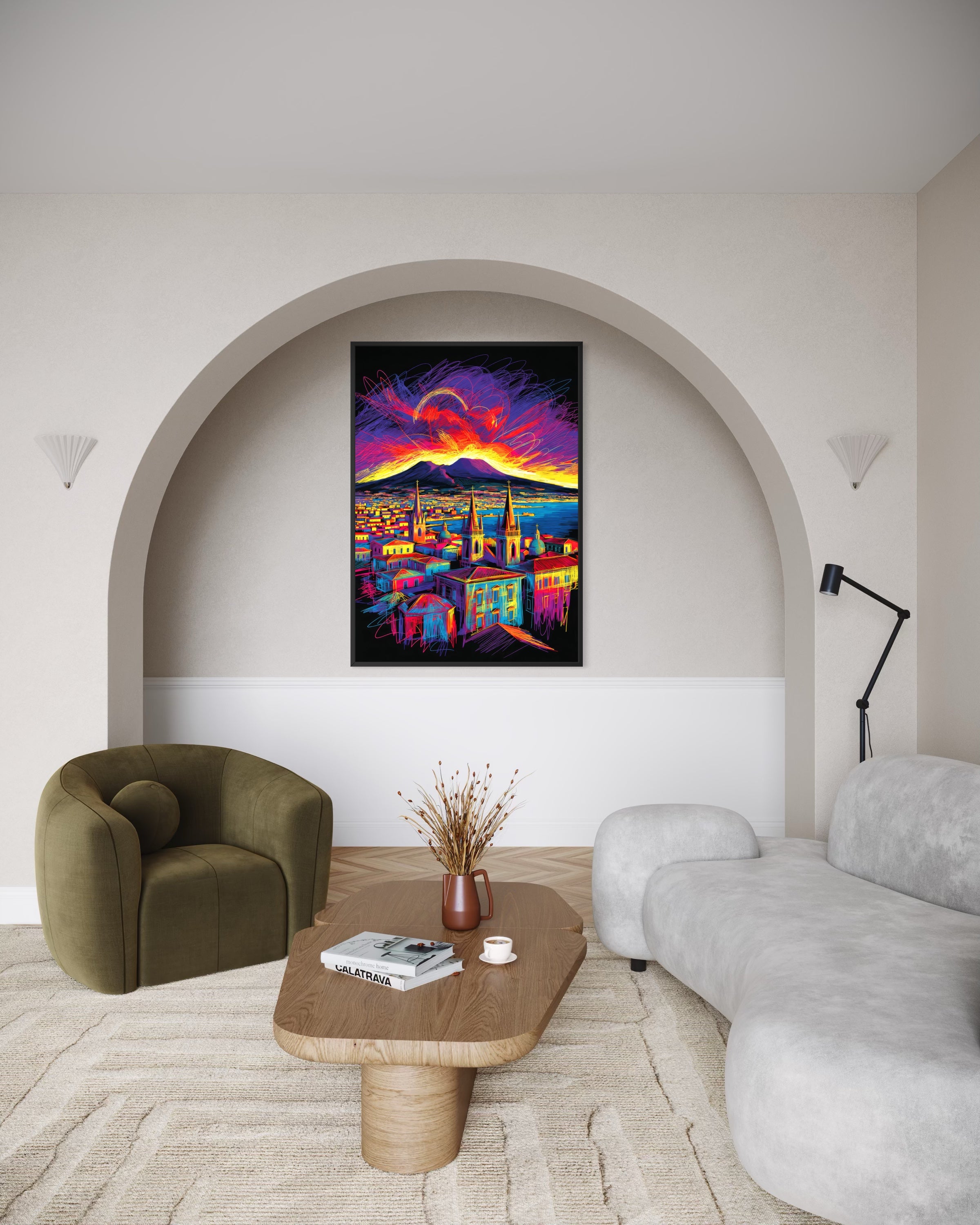 Napoli Neon Night: stampa neon su skyline con cornice nera