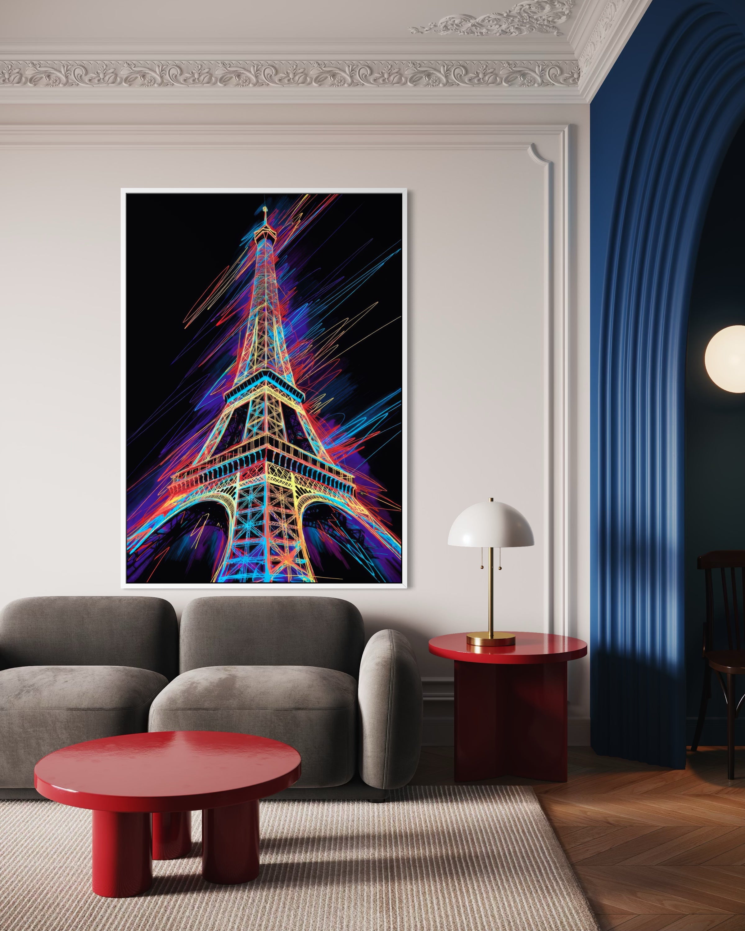 Tour Eiffel neon in cornice, skyline luminoso multicolore su sfondo scuro
