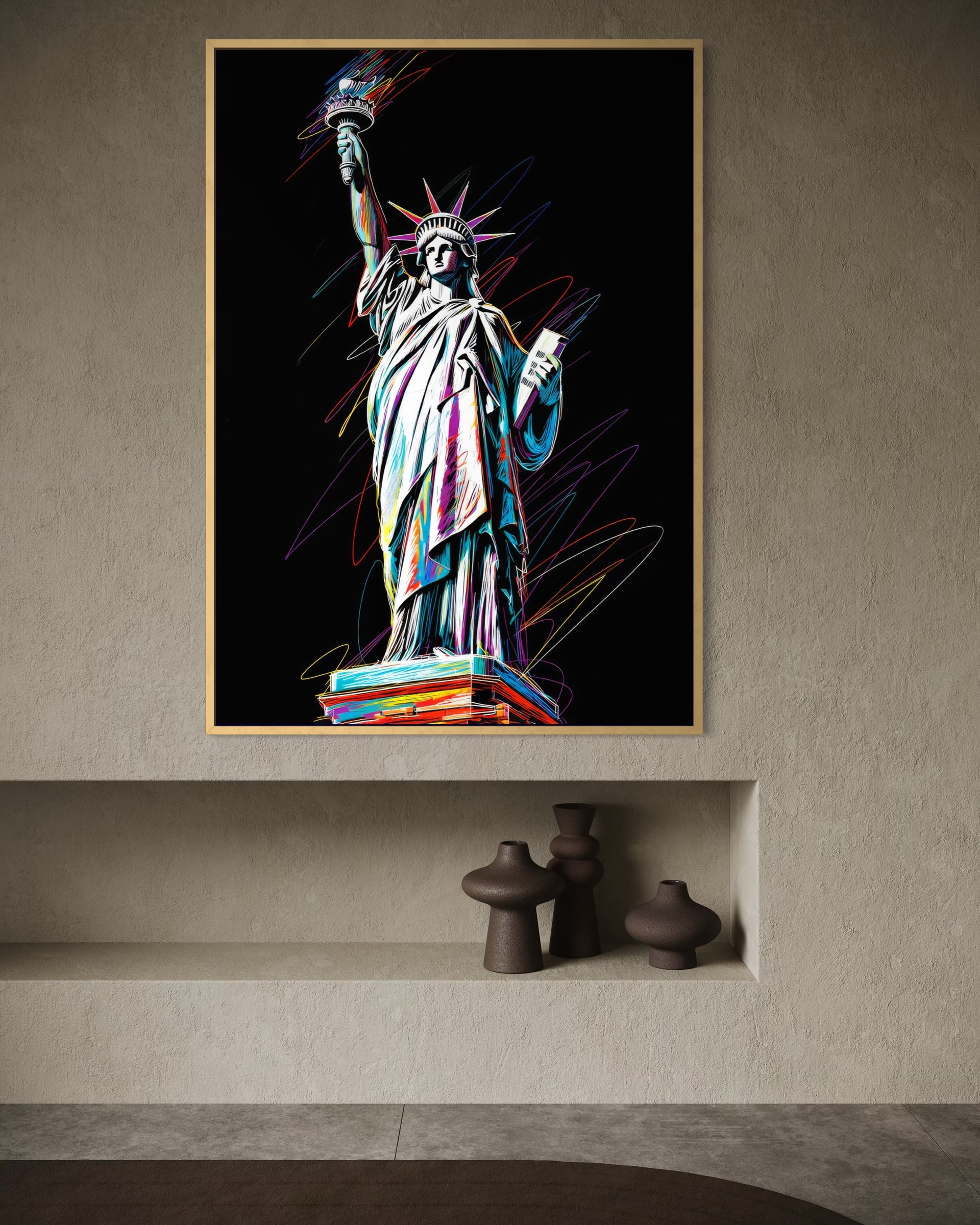 New York Sketch Neon con cornice oro, raffigurazione Statua della Libertà in stile neon