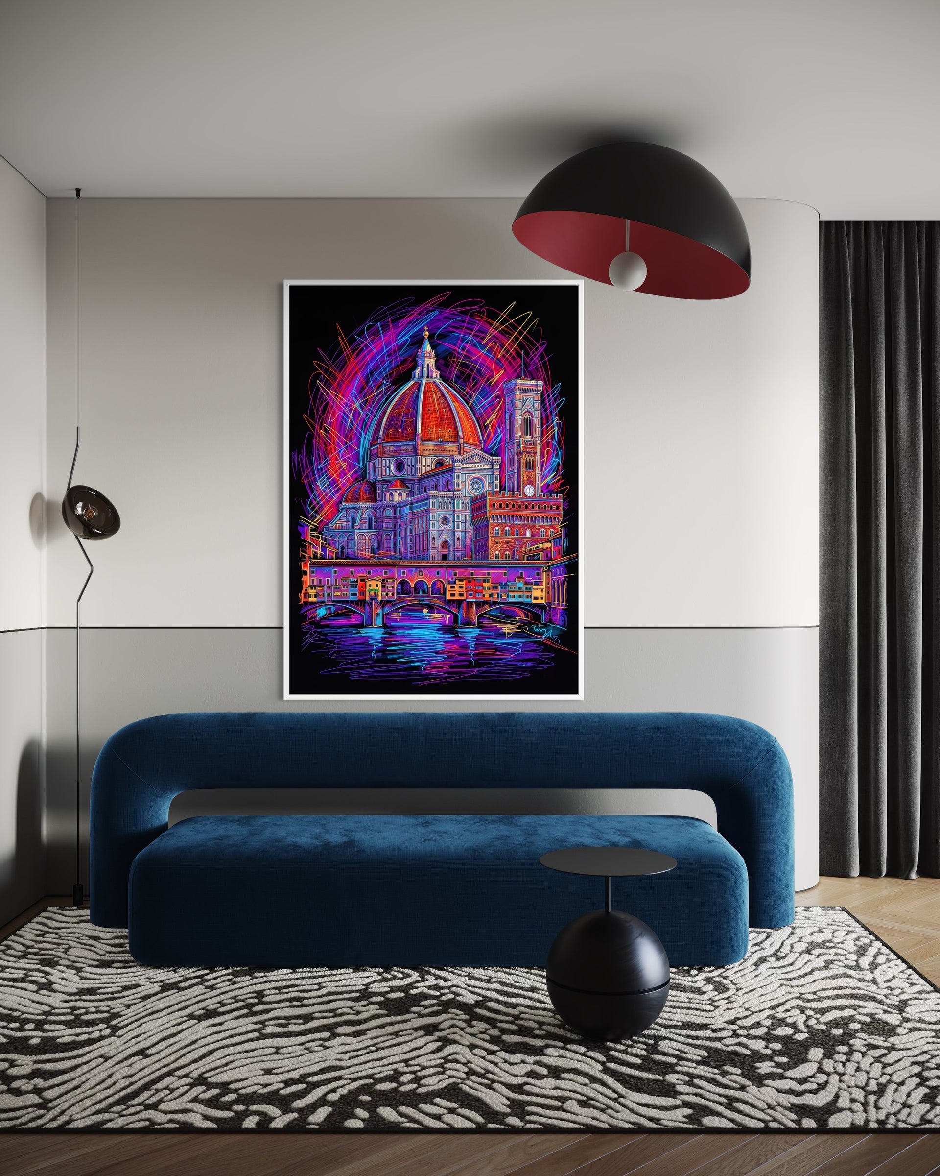 Rinascimento Neon: stampa incorniciata con cupola e riflessi in colori neon