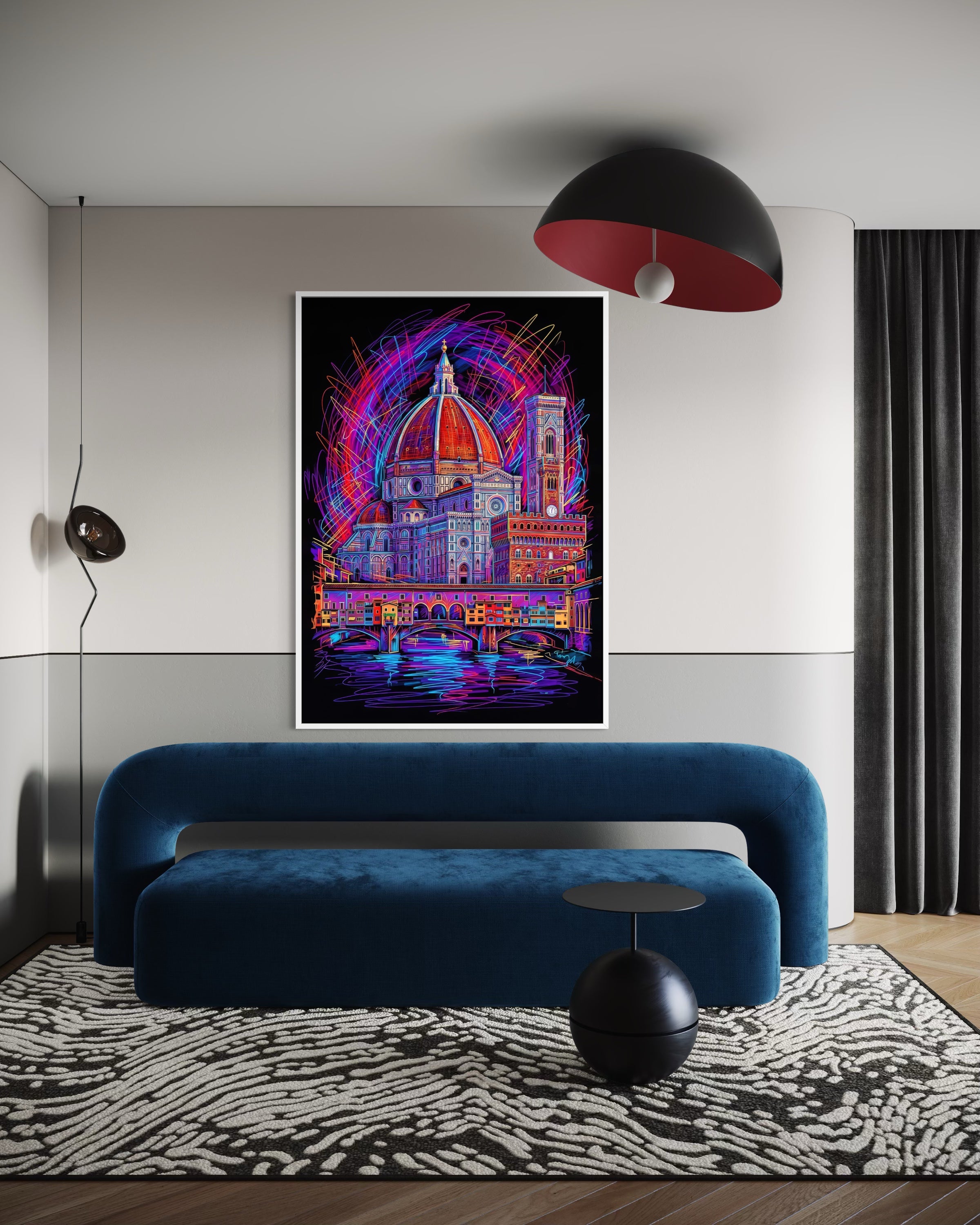 Rinascimento Neon: stampa incorniciata con cupola e riflessi in colori neon