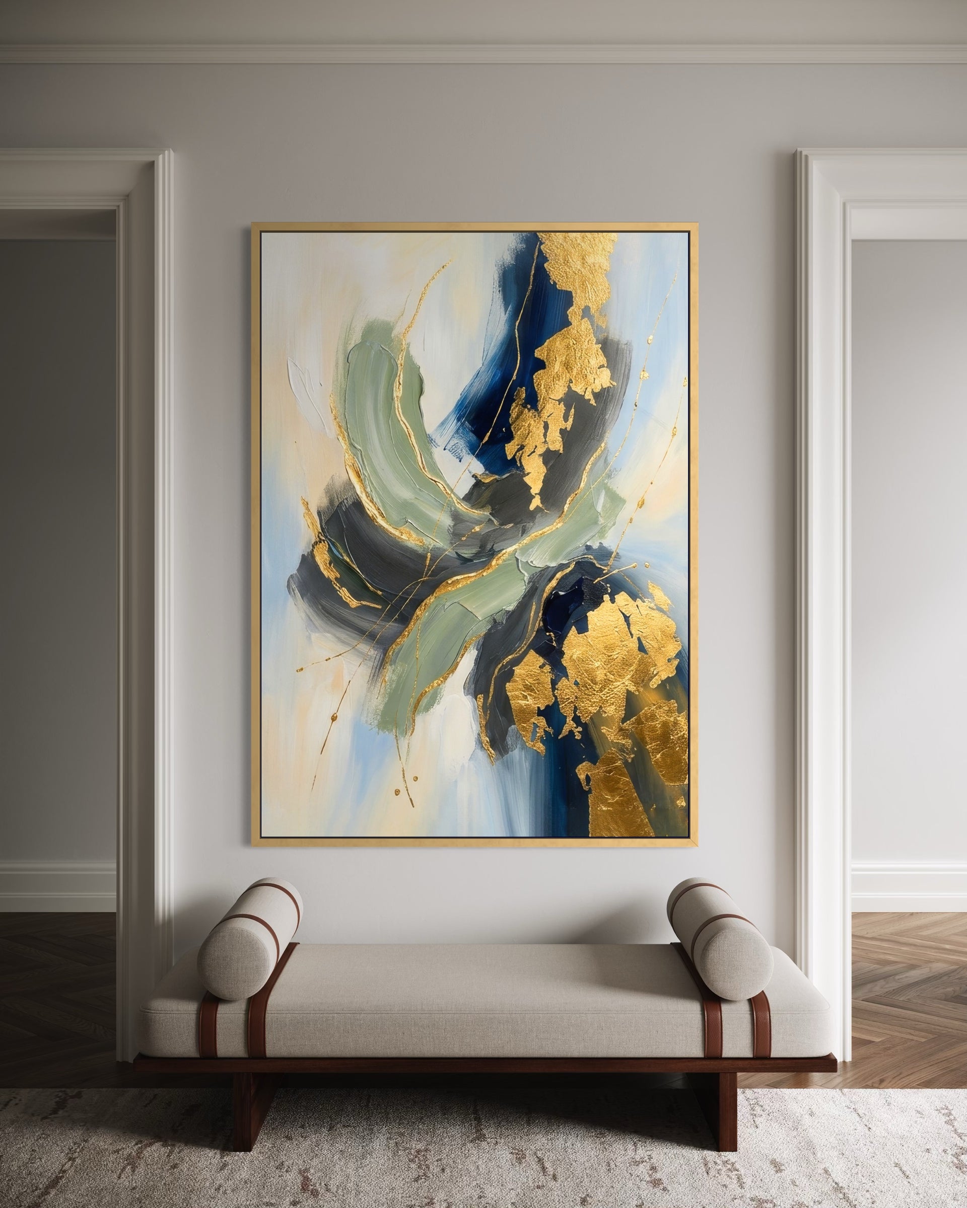 Deciso con cornice oro, arte astratta blu, verde e tocchi dorati