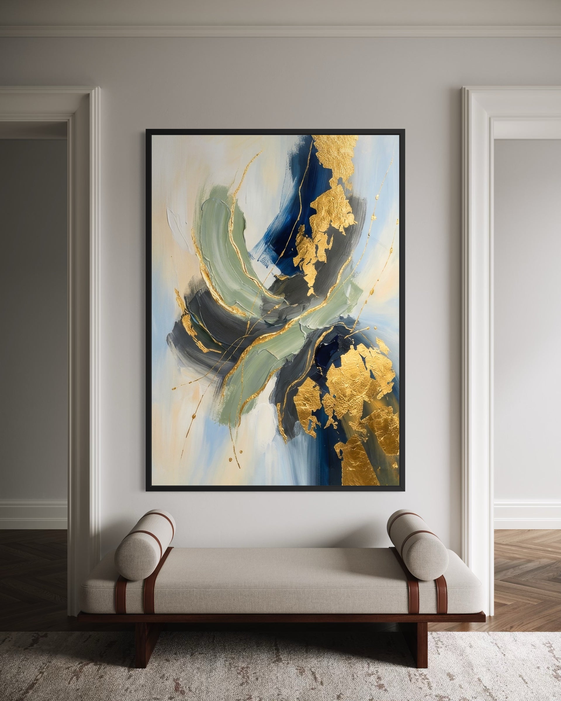 Deciso con cornice nera, arte astratta con pennellate blu, verde e oro