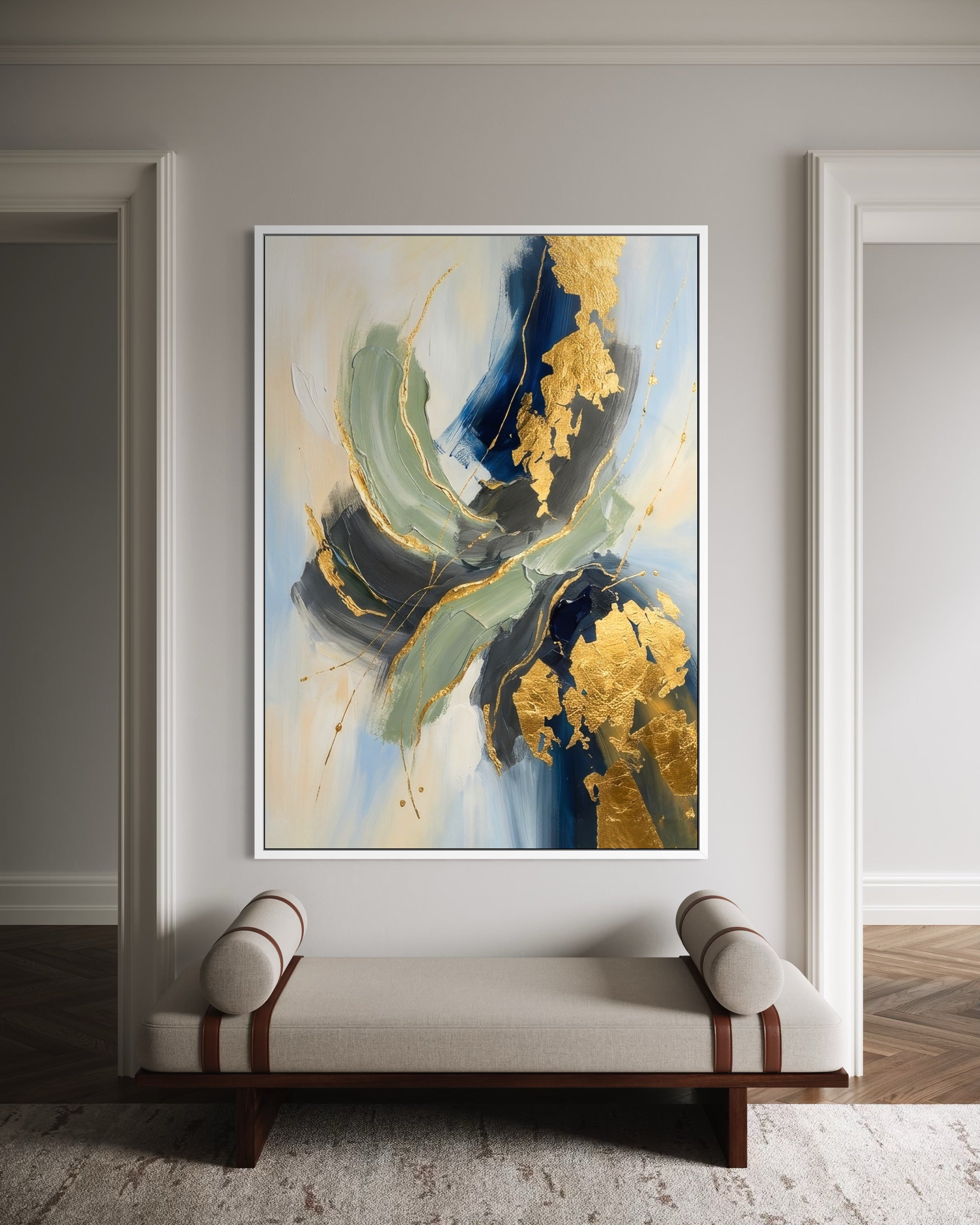 Deciso con cornice bianca, arte astratta blu, verde e macchie dorate