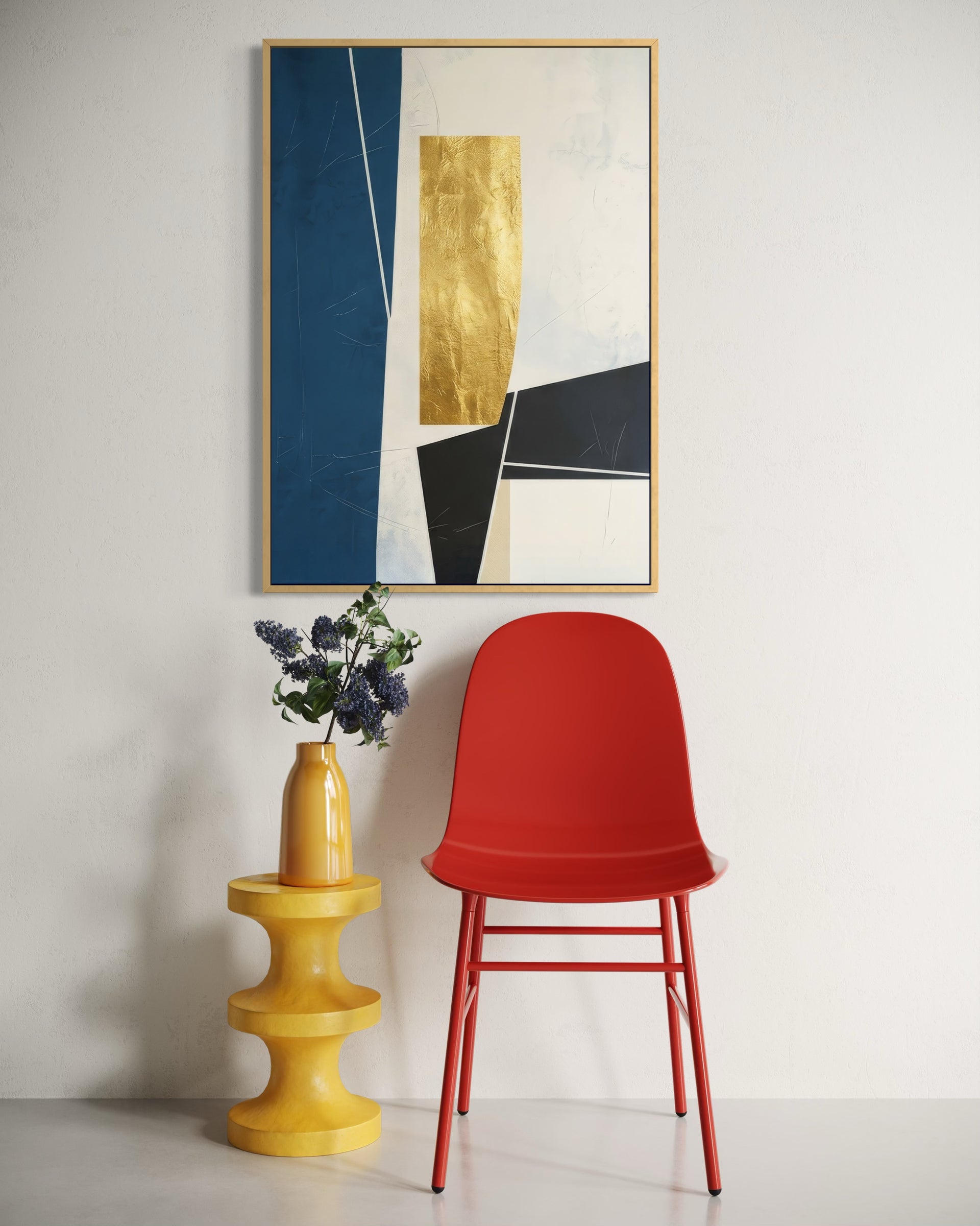 Quadro astratto Equilibrio geometrico con forme geometriche blu, oro e nero in cornice oro