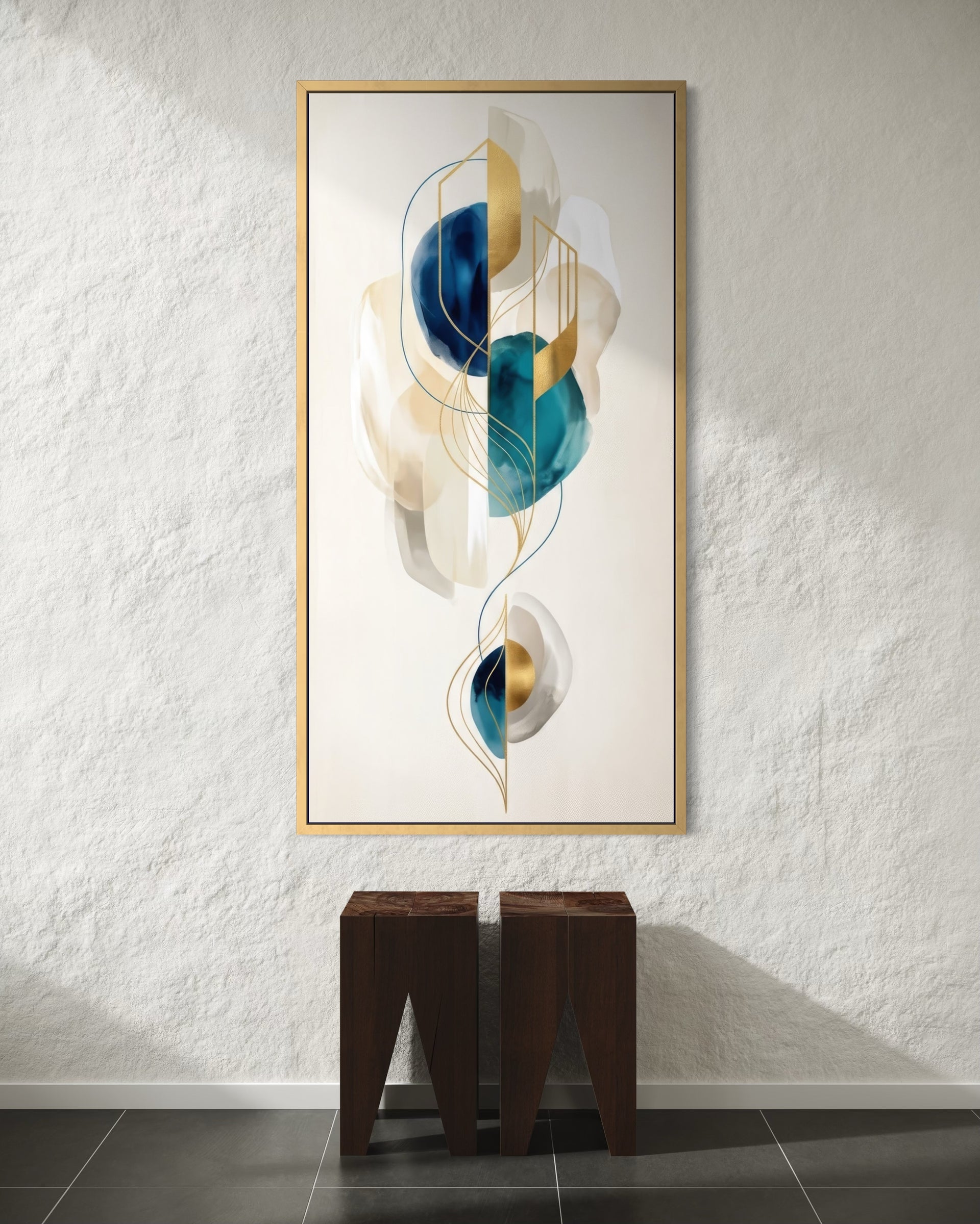 Sospensione con cornice oro e stampe astratte blu, turchese e bianche