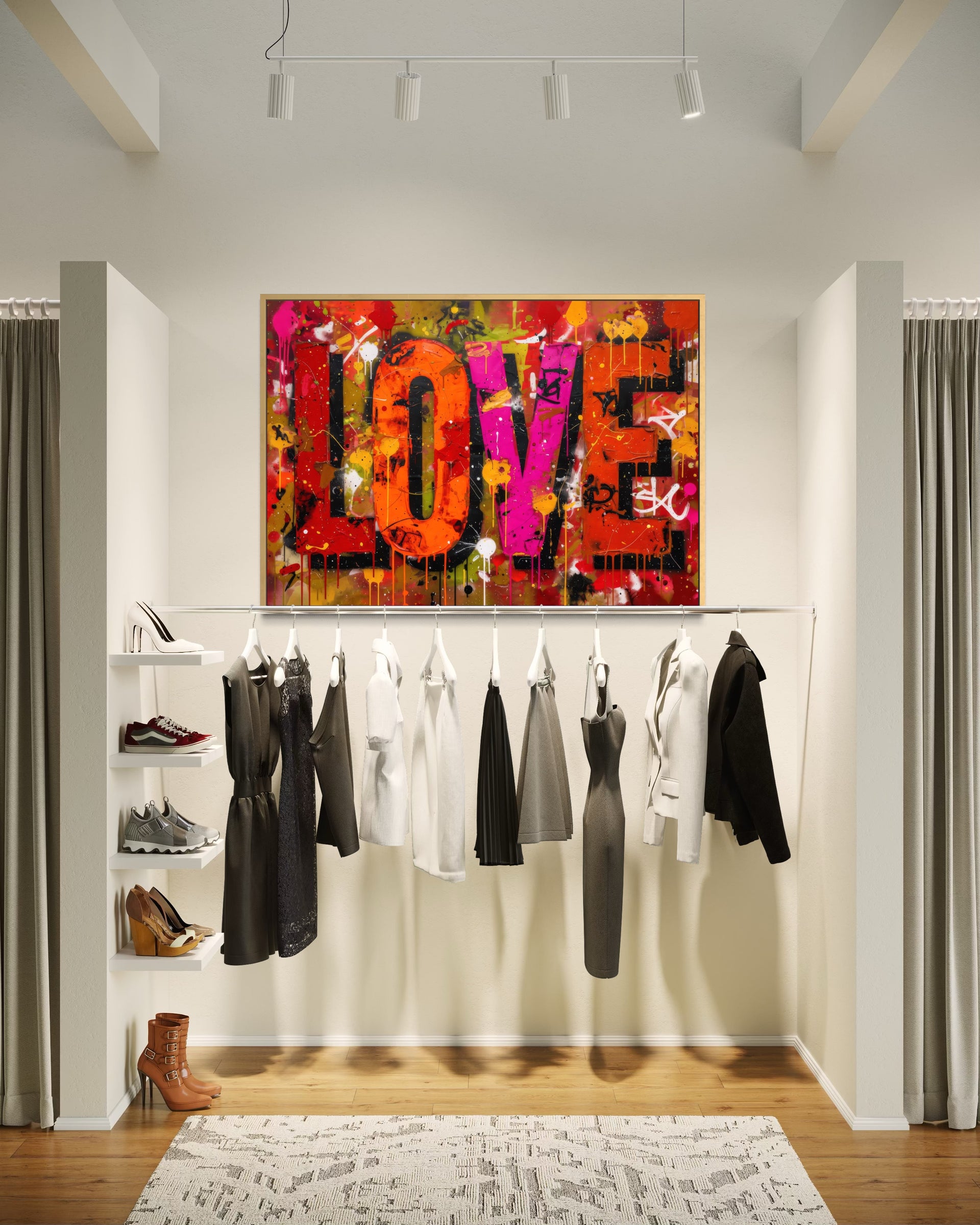 Love Shock in cornice, stampa astratta arancione e rosa con scritta