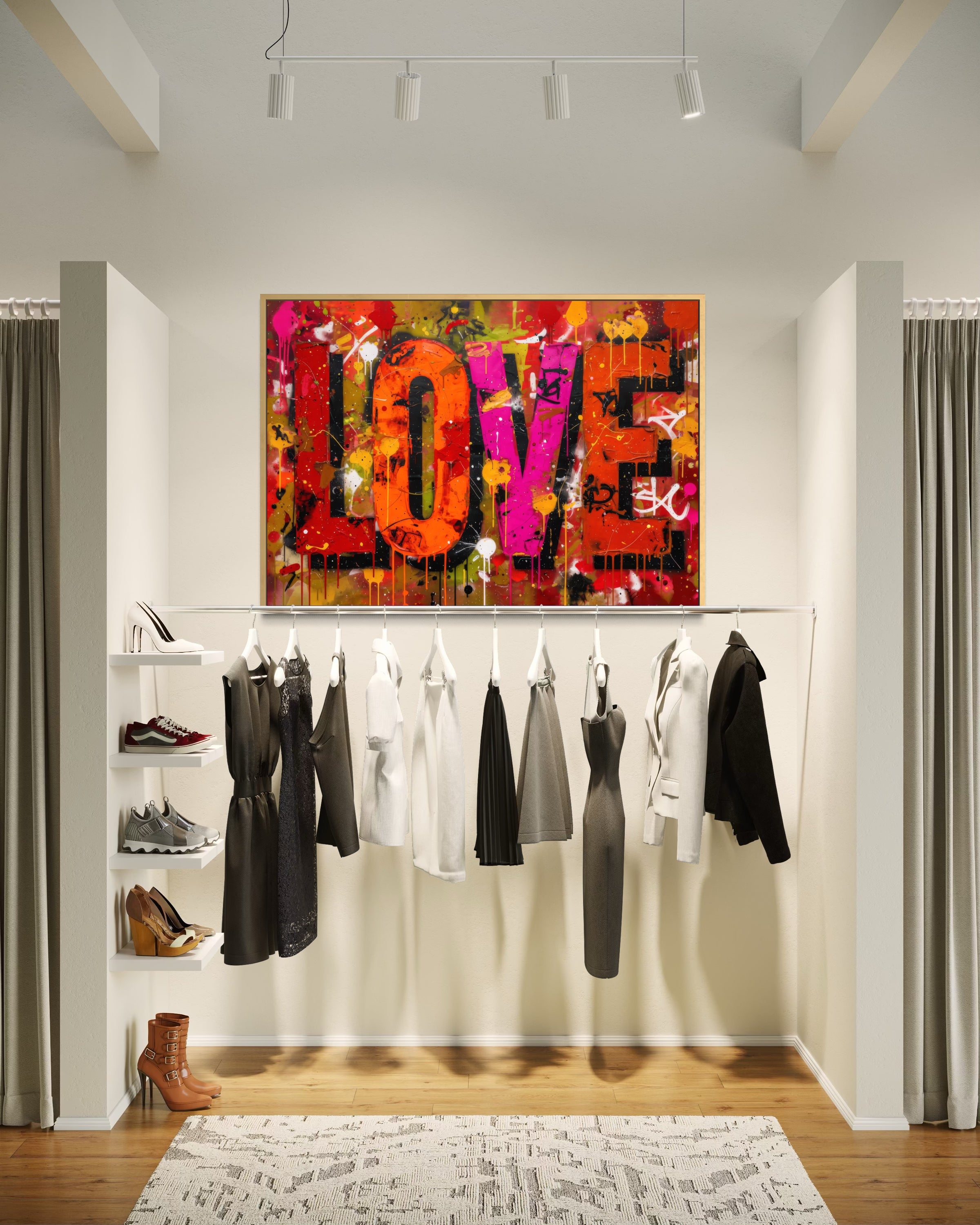 Love Shock in cornice, stampa astratta arancione e rosa con scritta