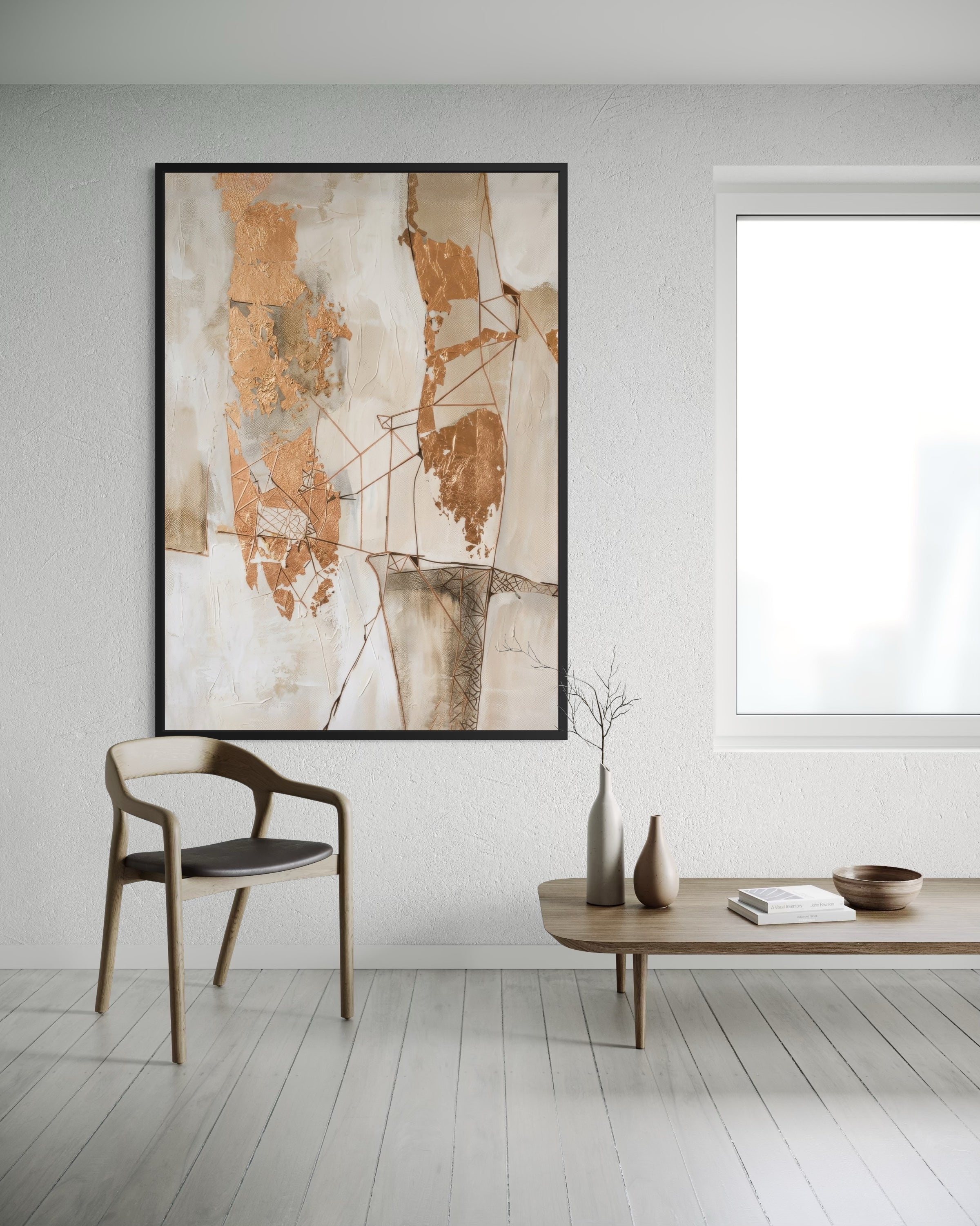 Trame Ramate con cornice nera, motivi astratti beige e reticolo metallico