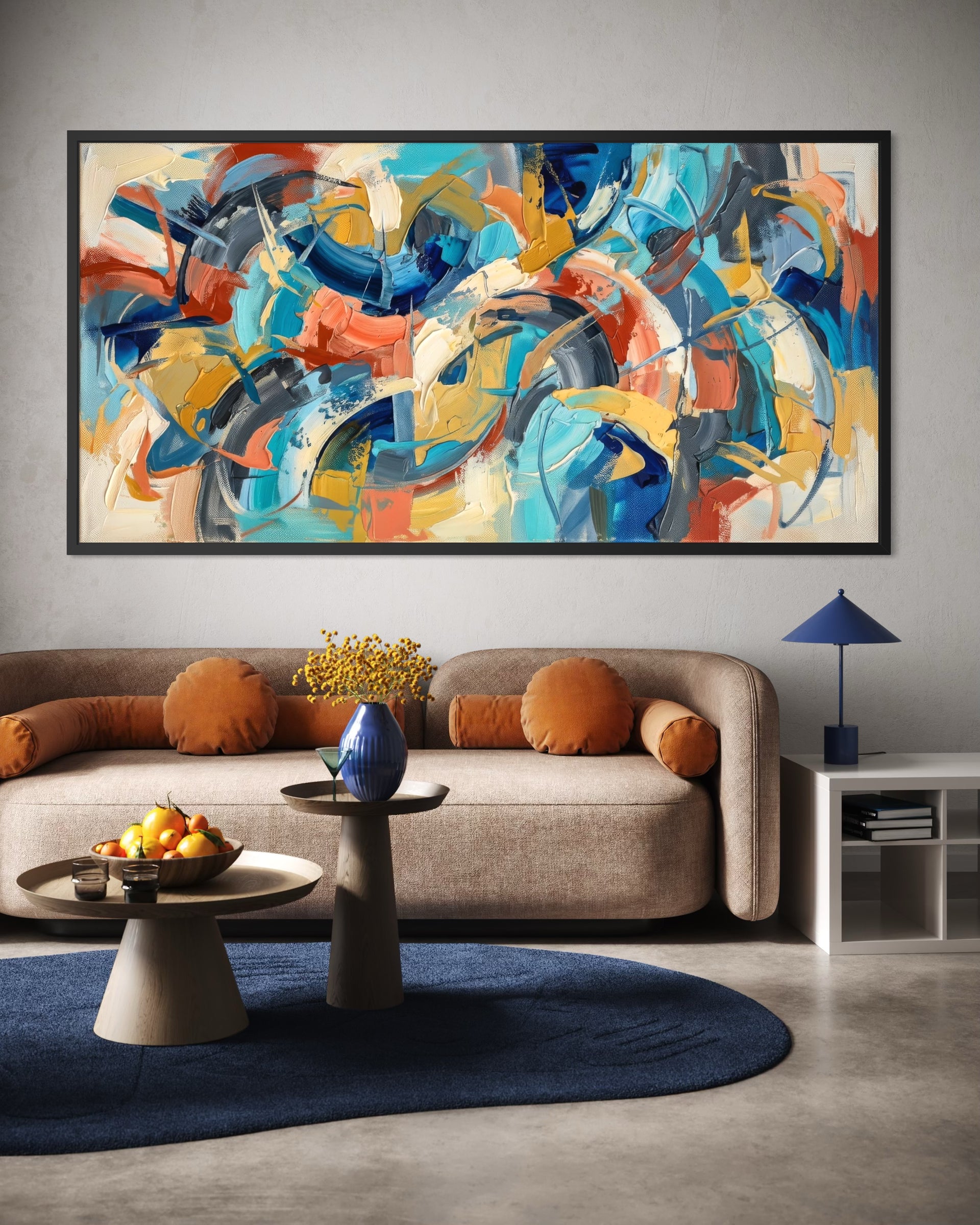 Vorticoso, quadro astratto con cornice scura e pennellate multicolori