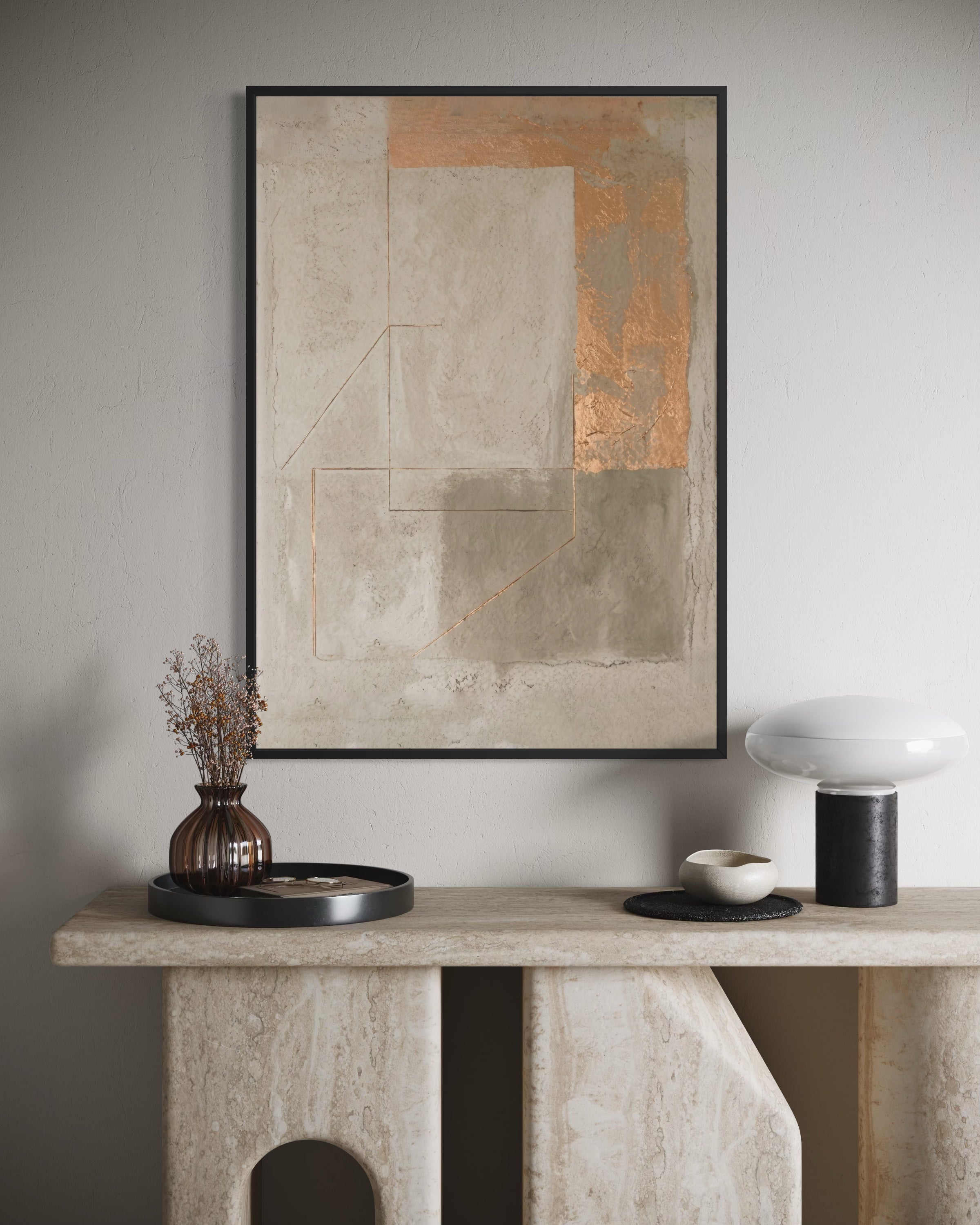 Quadro Cemento e Rame con cornice nera, astratto cemento e rame