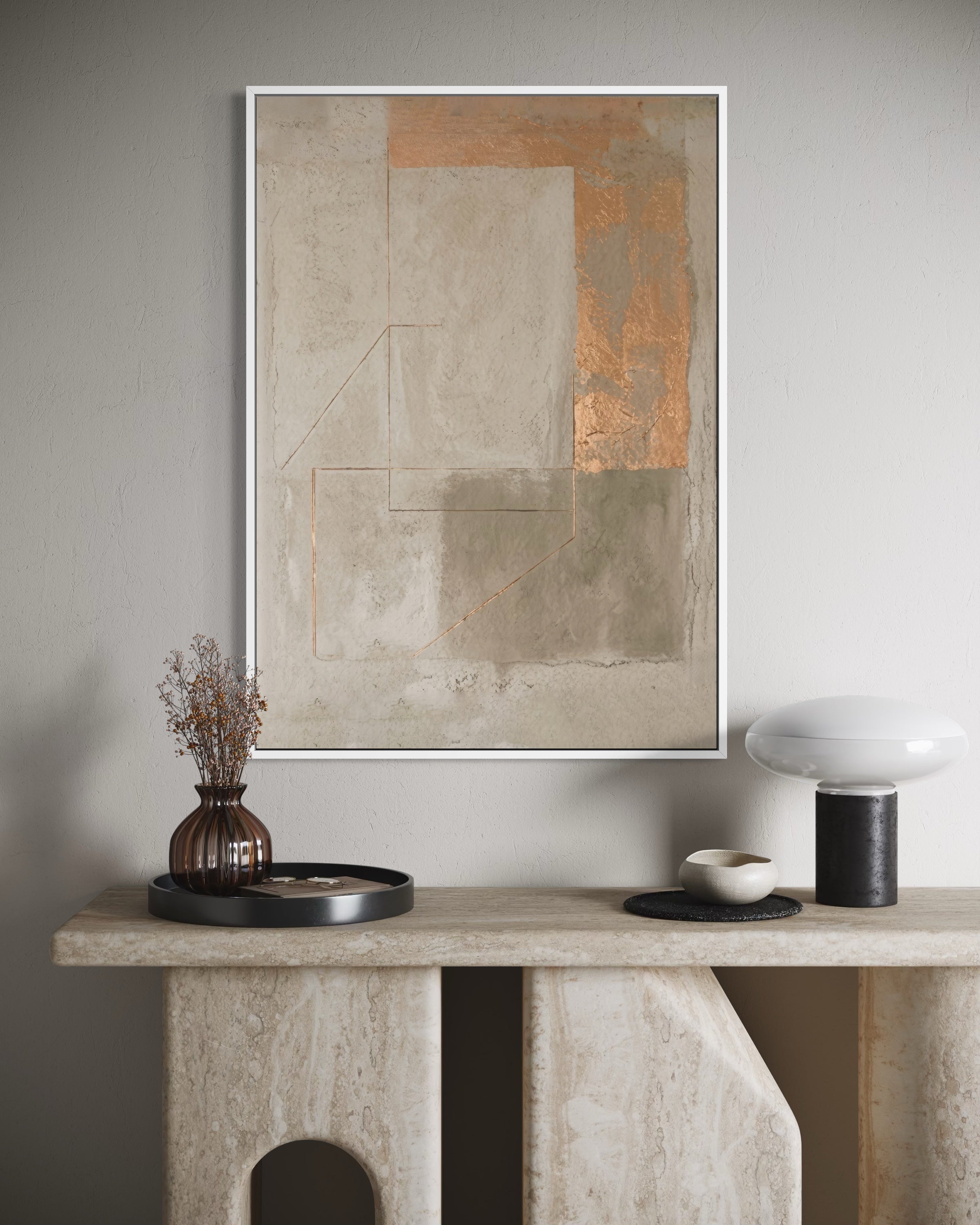Stampa Cemento e Rame con cornice scura, superfici cemento e inserti color rame