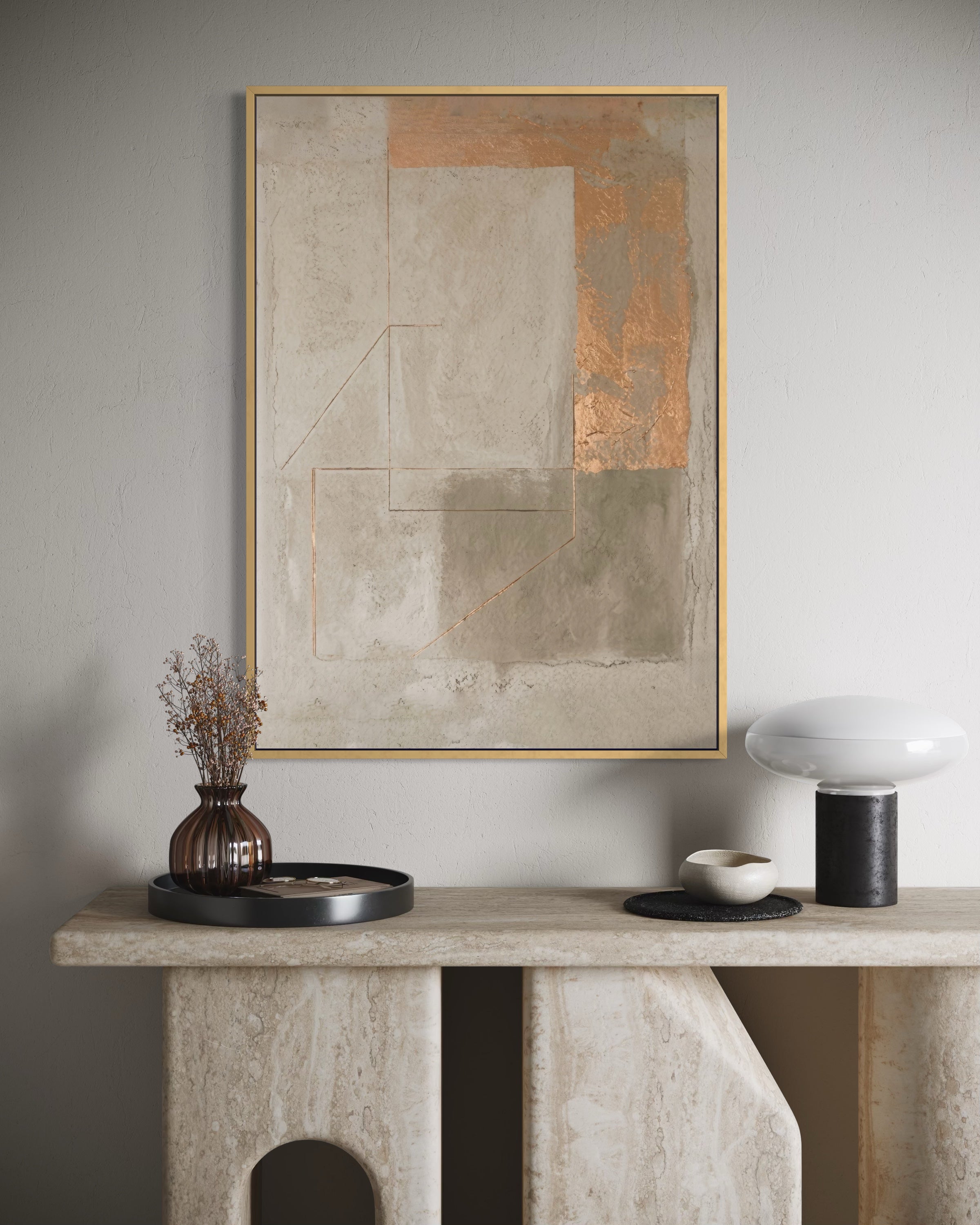 Quadro Cemento e Rame con cornice dorata, pattern cemento con inserti color rame