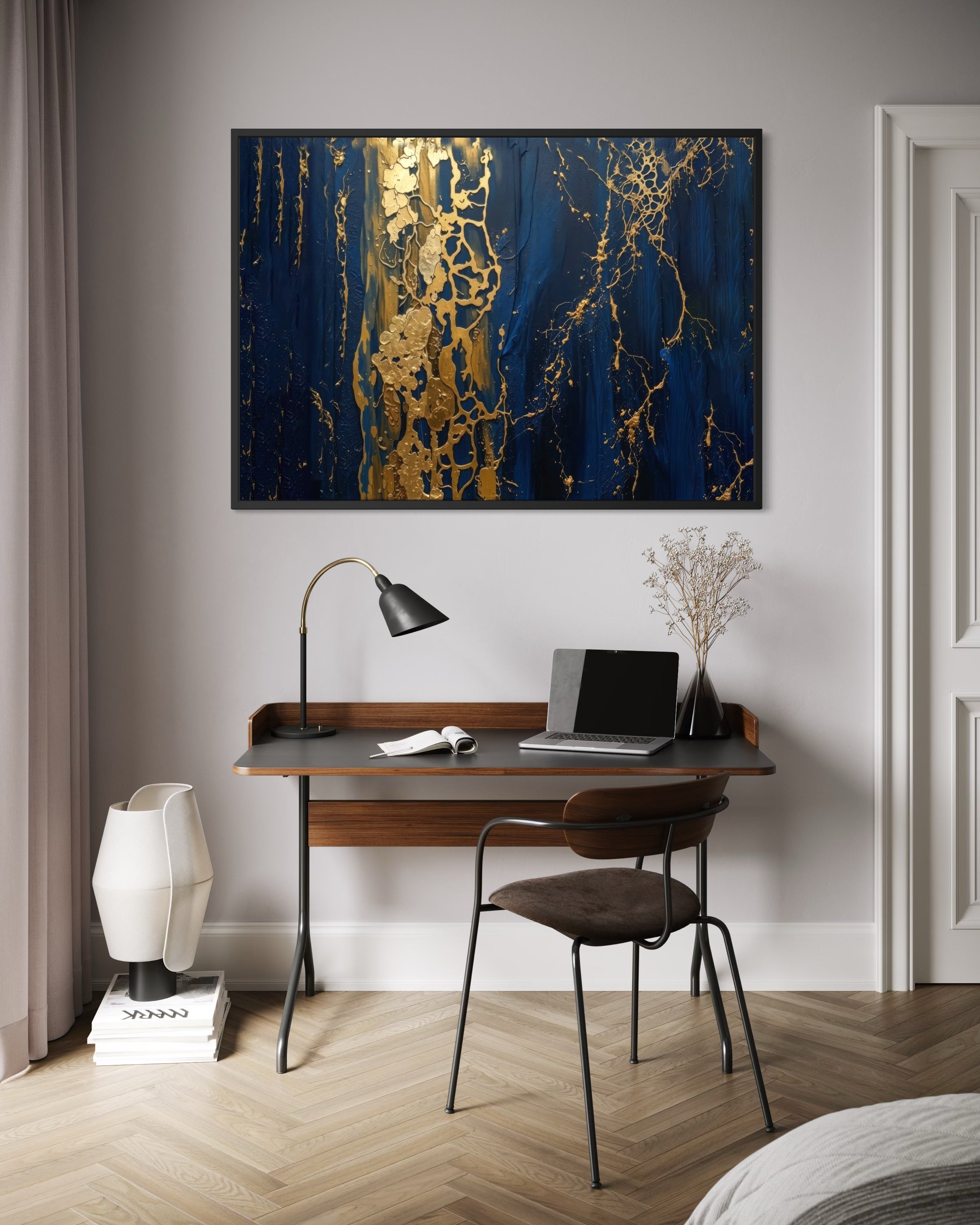 Notte Stellata Telainquadro: rettangolo blu scuro con linee e macchie dorate