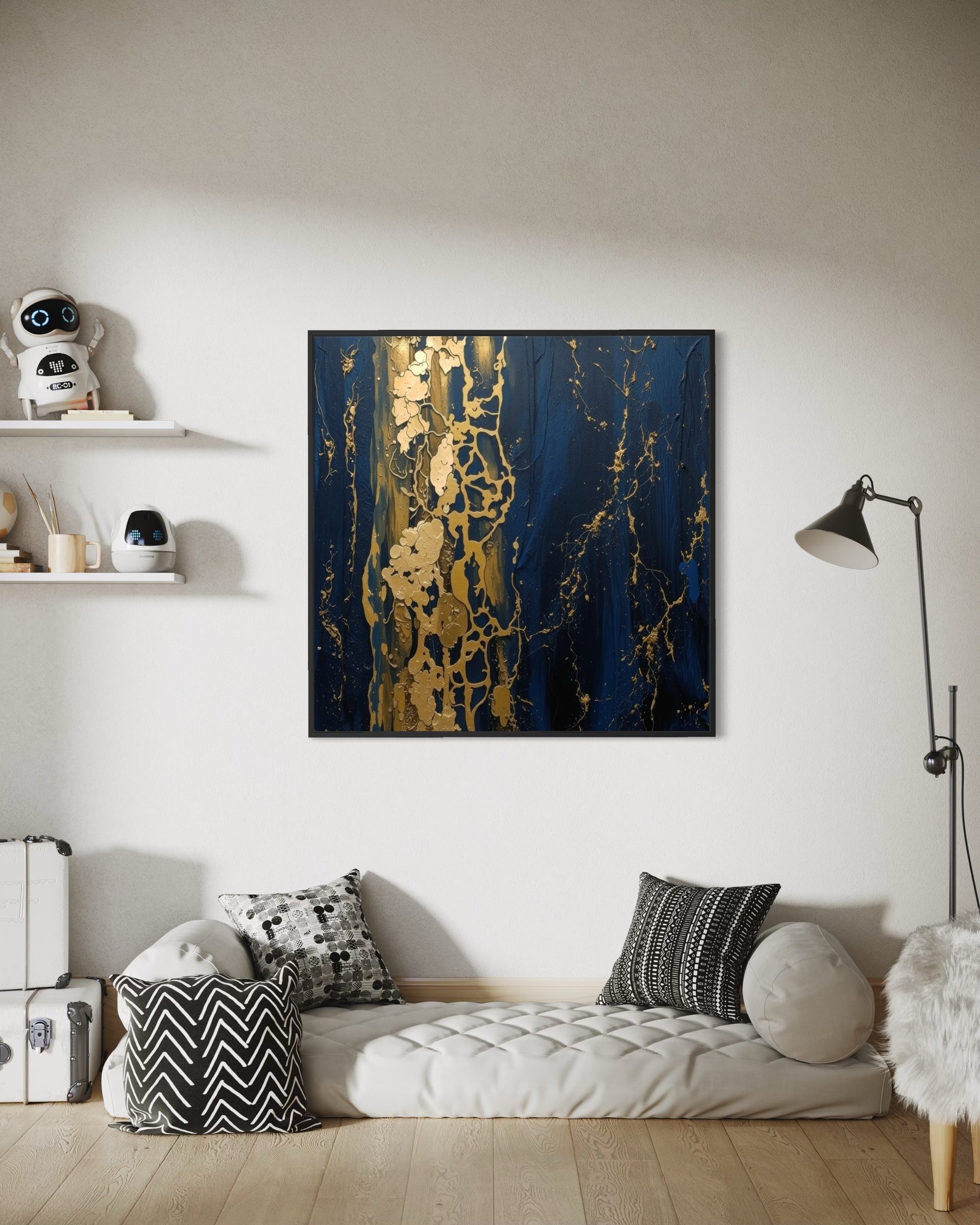Linfa Dorata: quadro astratto con venature dorate su sfondo blu, incorniciato