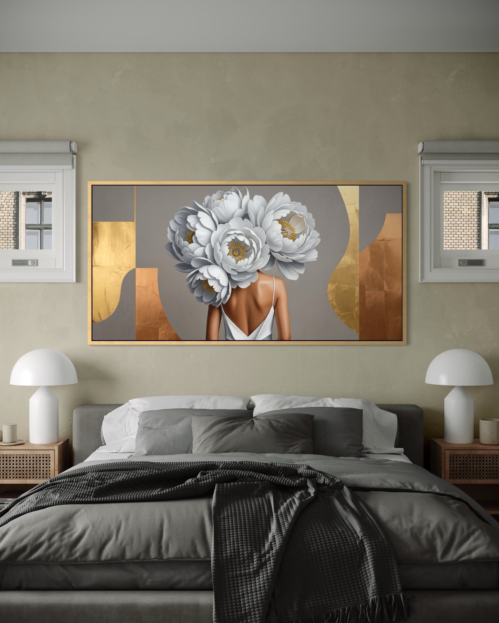 Peonie d’Oro: quadro rettangolare con grandi fiori bianchi e dettagli dorati