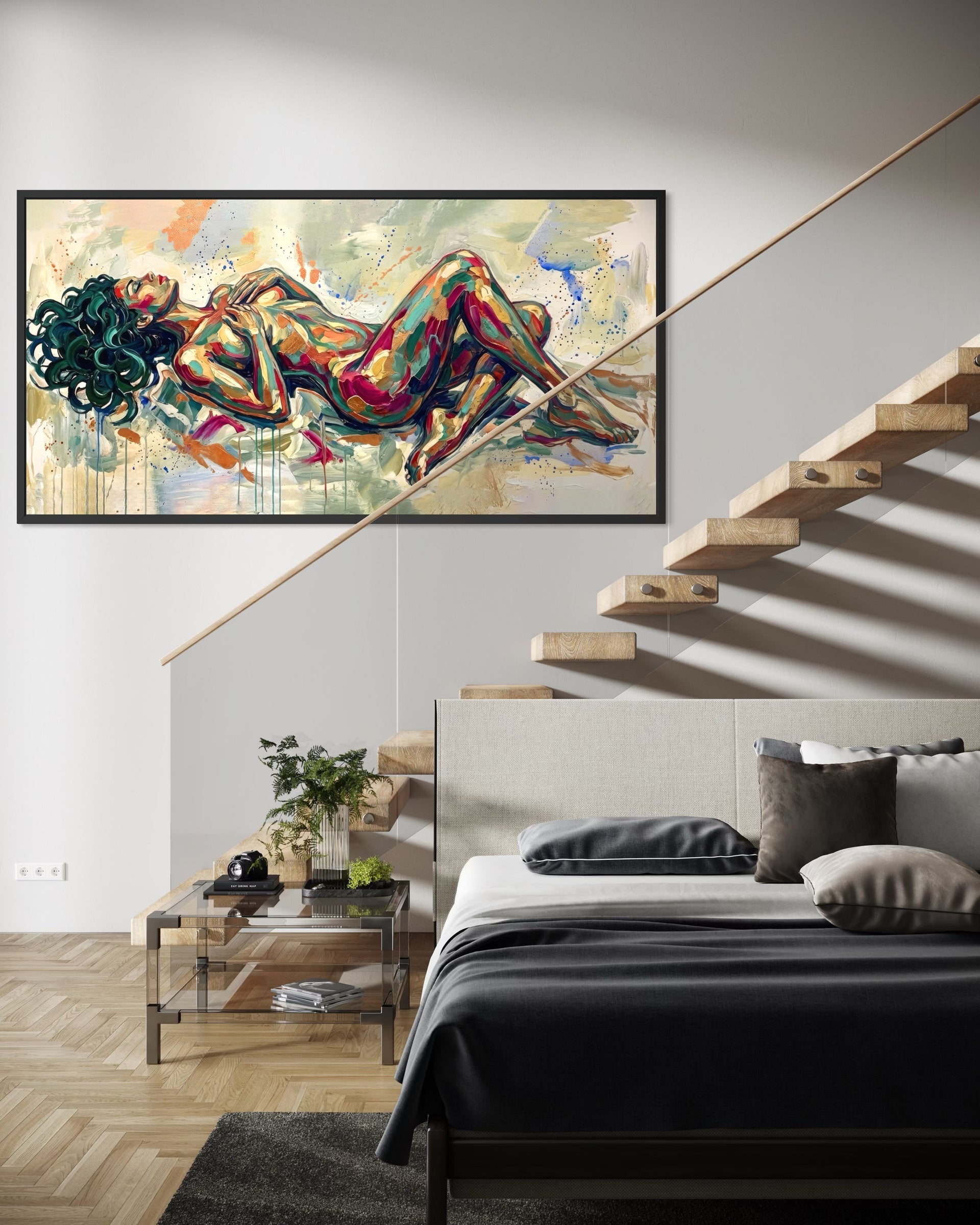 Nudo Vibrante: stampa astratta con figure colorate in cornice nera