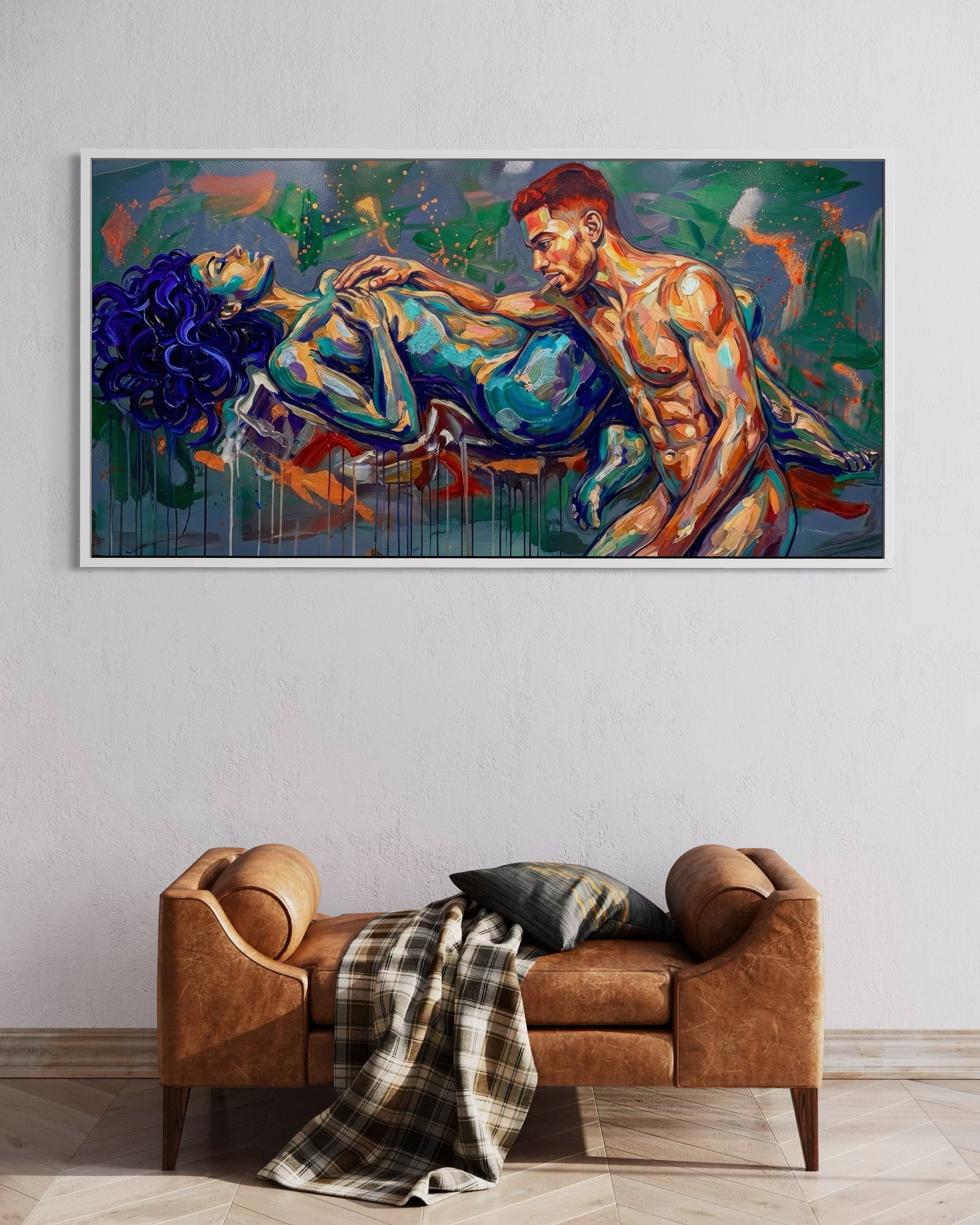 Passione Infinita: quadro con cornice chiara e figura maschile, colori vivaci.