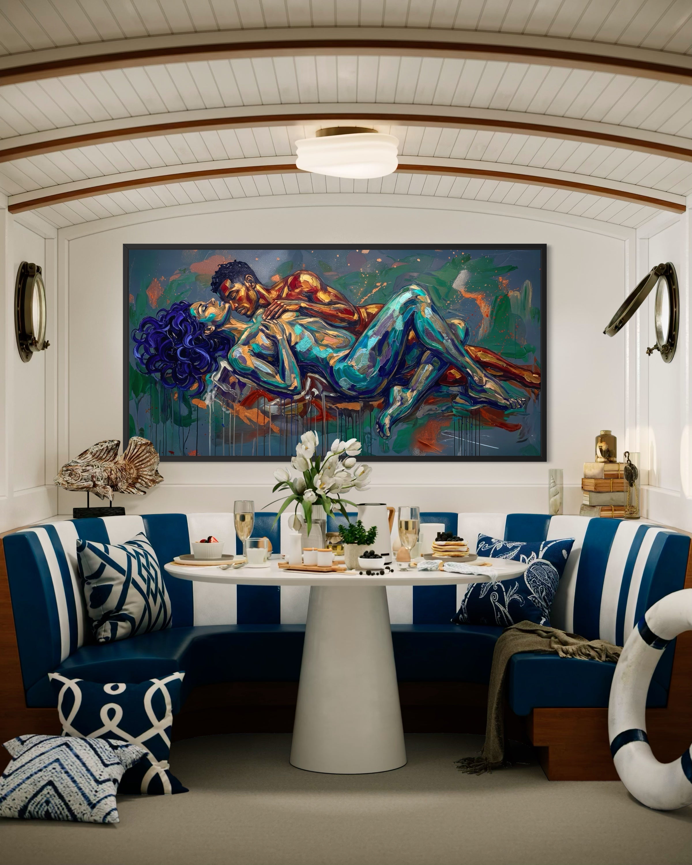 Estasi Blu, quadro con figura blu astratta in cornice nera.