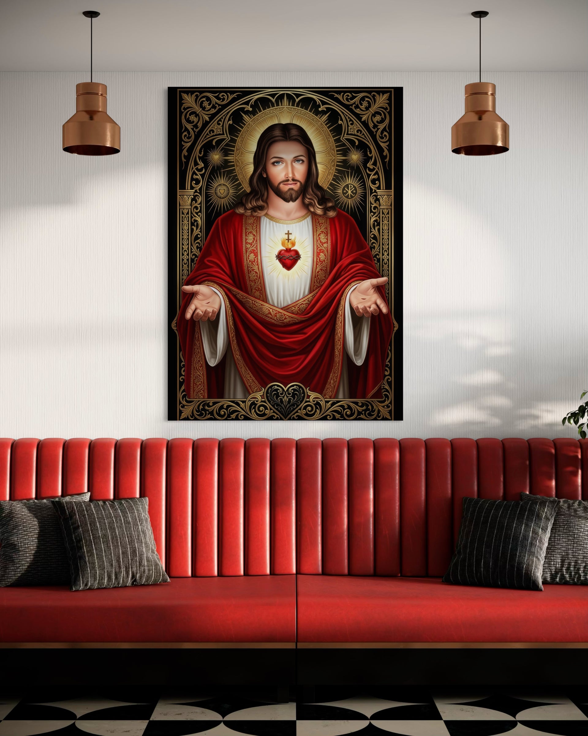 Quadro Sacro Cuore di Gesù, Gesù con tunica rossa, cuore rosso e alone dorato su telaio nero