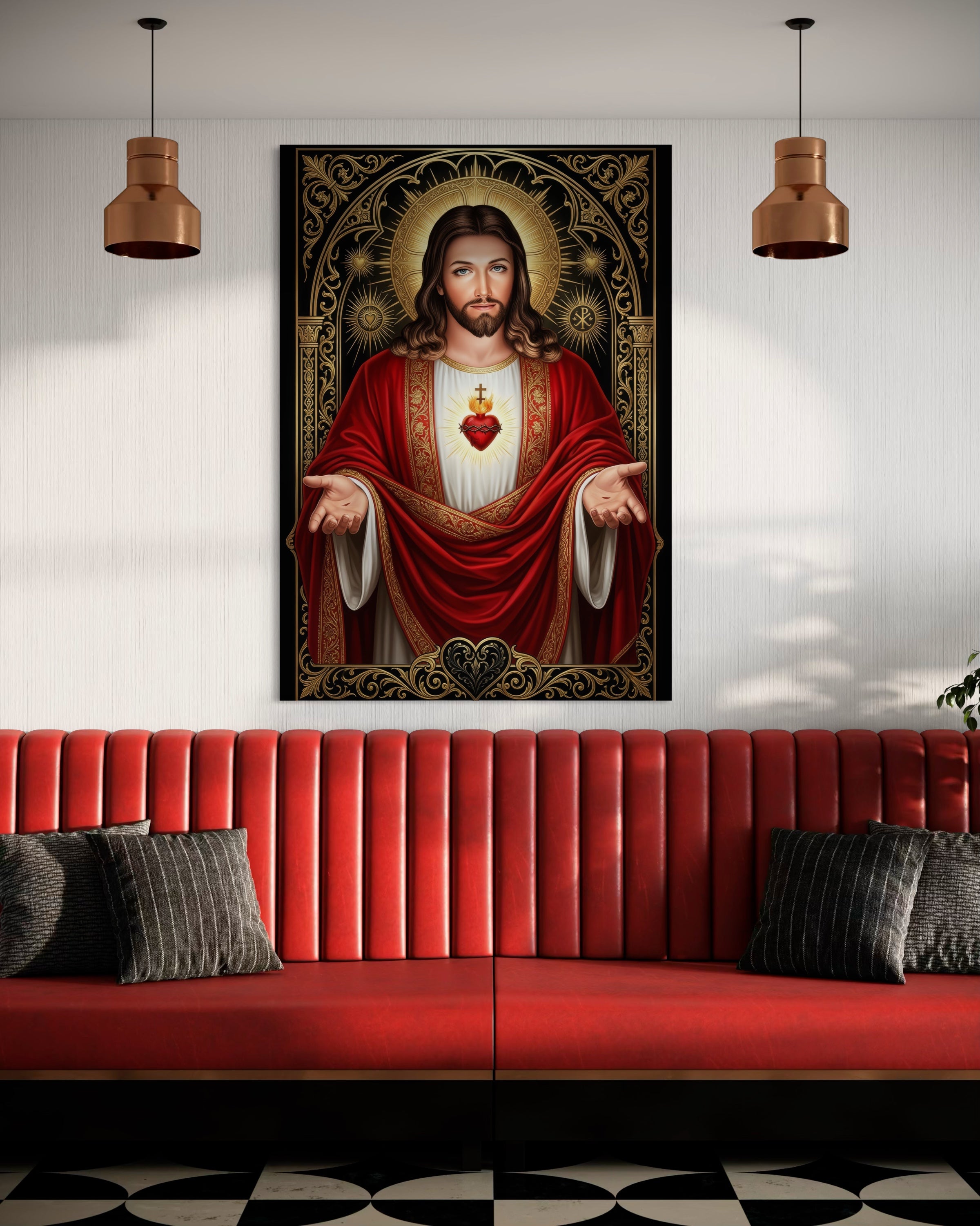 Quadro Sacro Cuore di Gesù, Gesù con tunica rossa, cuore rosso e alone dorato su telaio nero