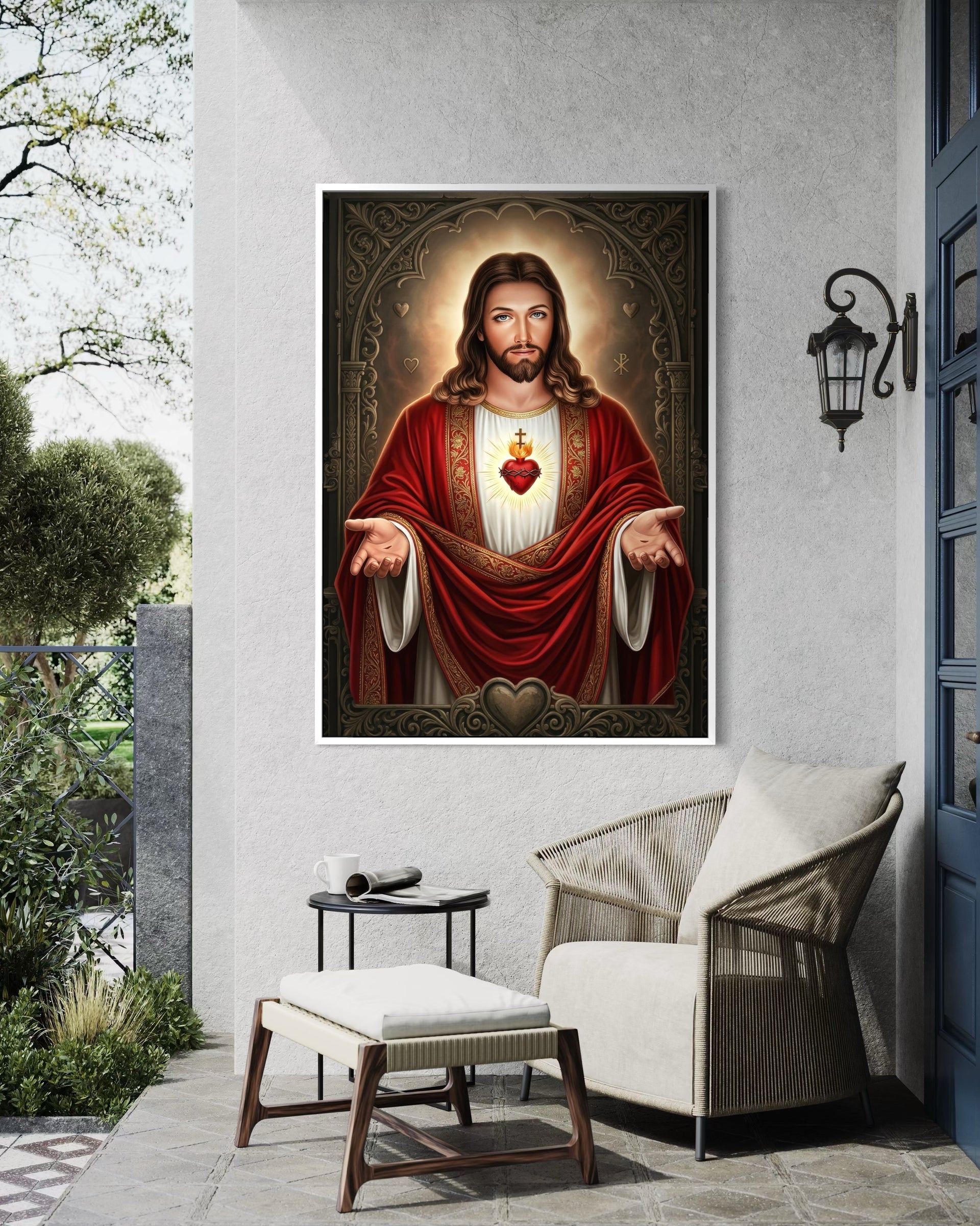 Sacro Cuore Luminoso, cornice bianca: Cristo con mantello rosso e cuore luminoso