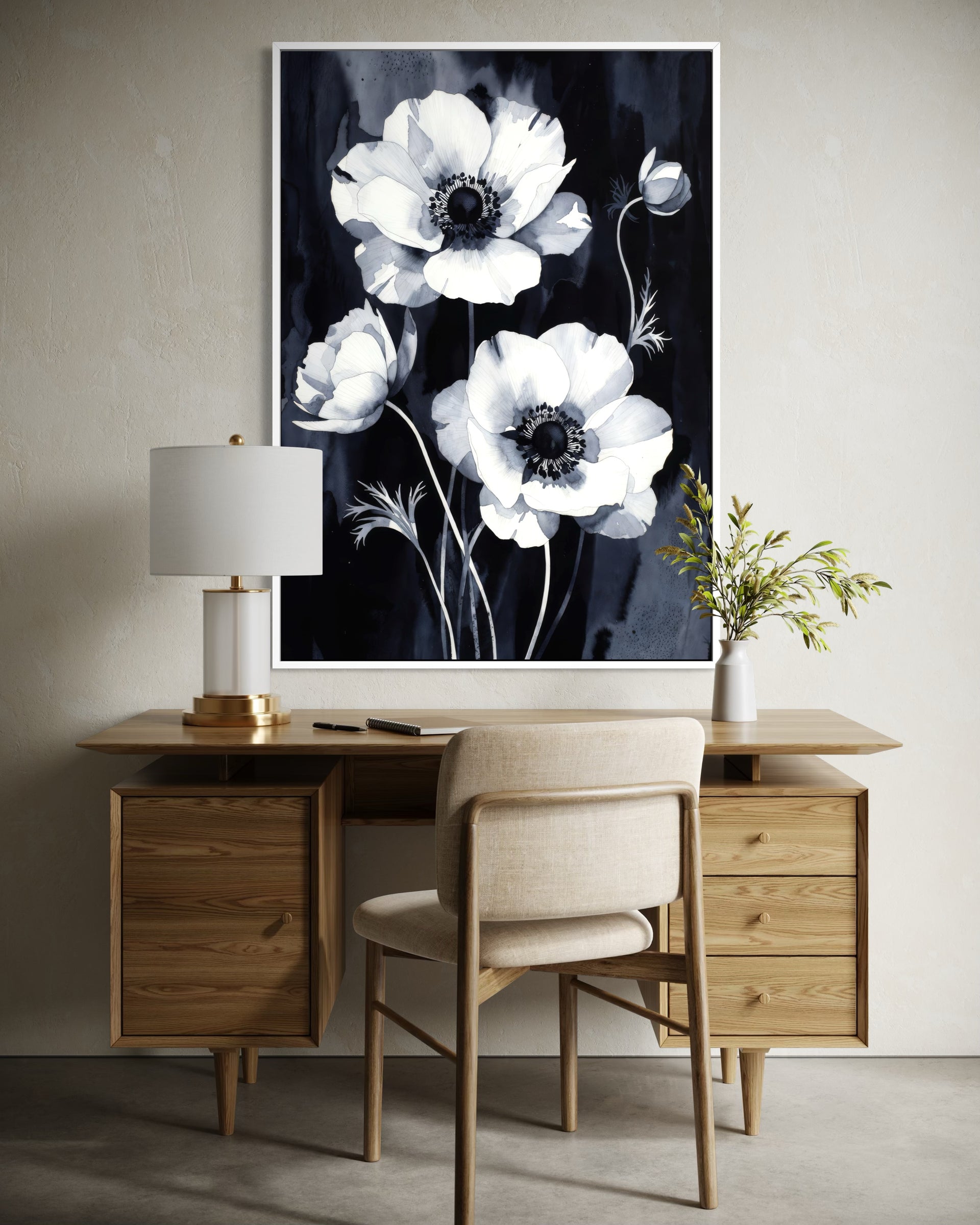 Anemoni d'Ombra: quadro con cornice nera e fiori bianchi su fondo scuro