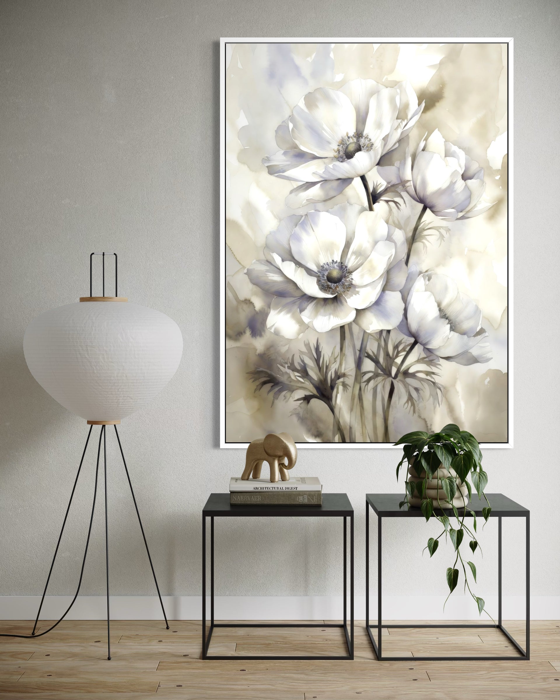 Soffio d'Avorio: stampa floreale con cornice bianca, fiori bianchi e foglie verdi.