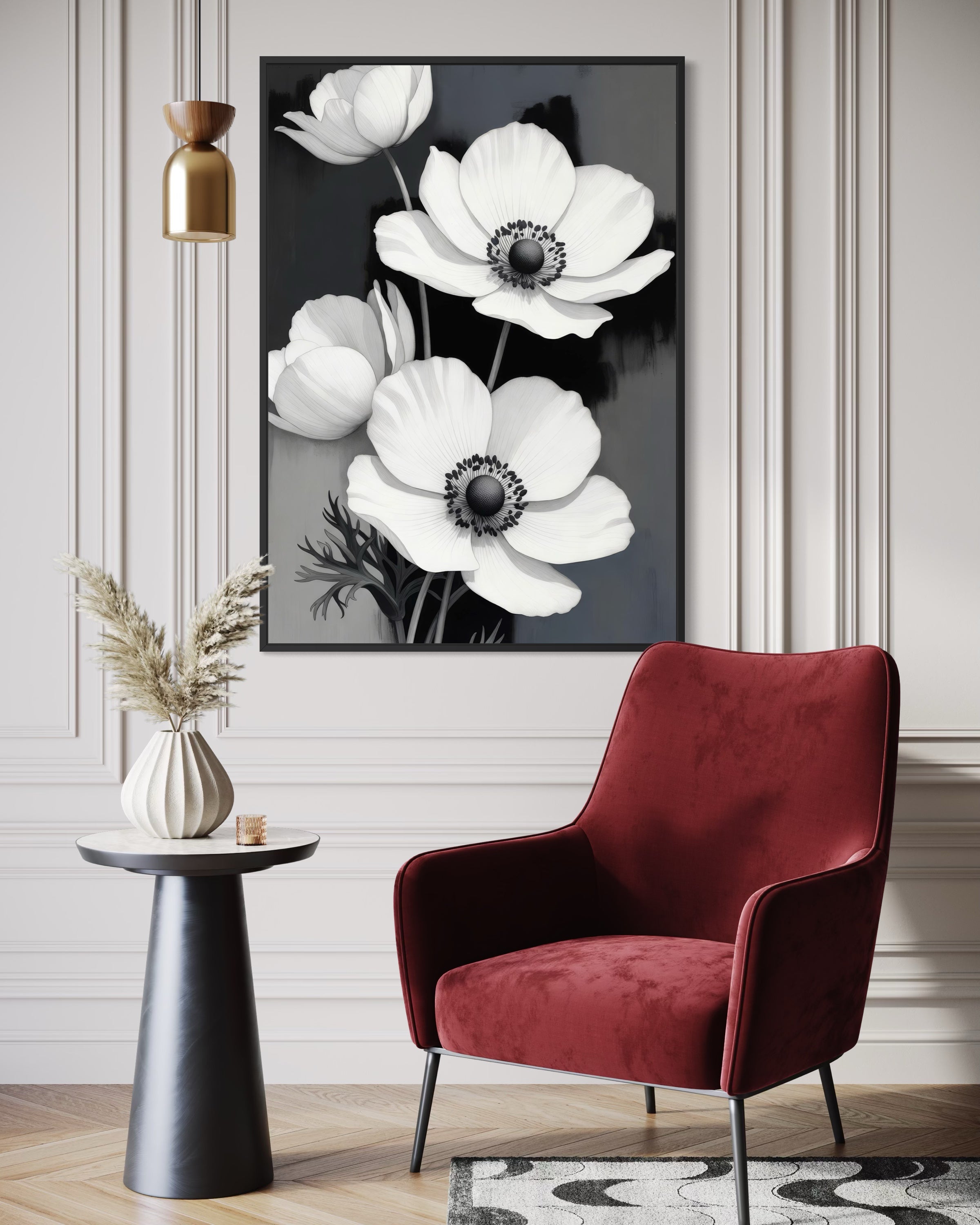 Stampa incorniciata Contrasti Candid con fiori bianchi su fondo scuro