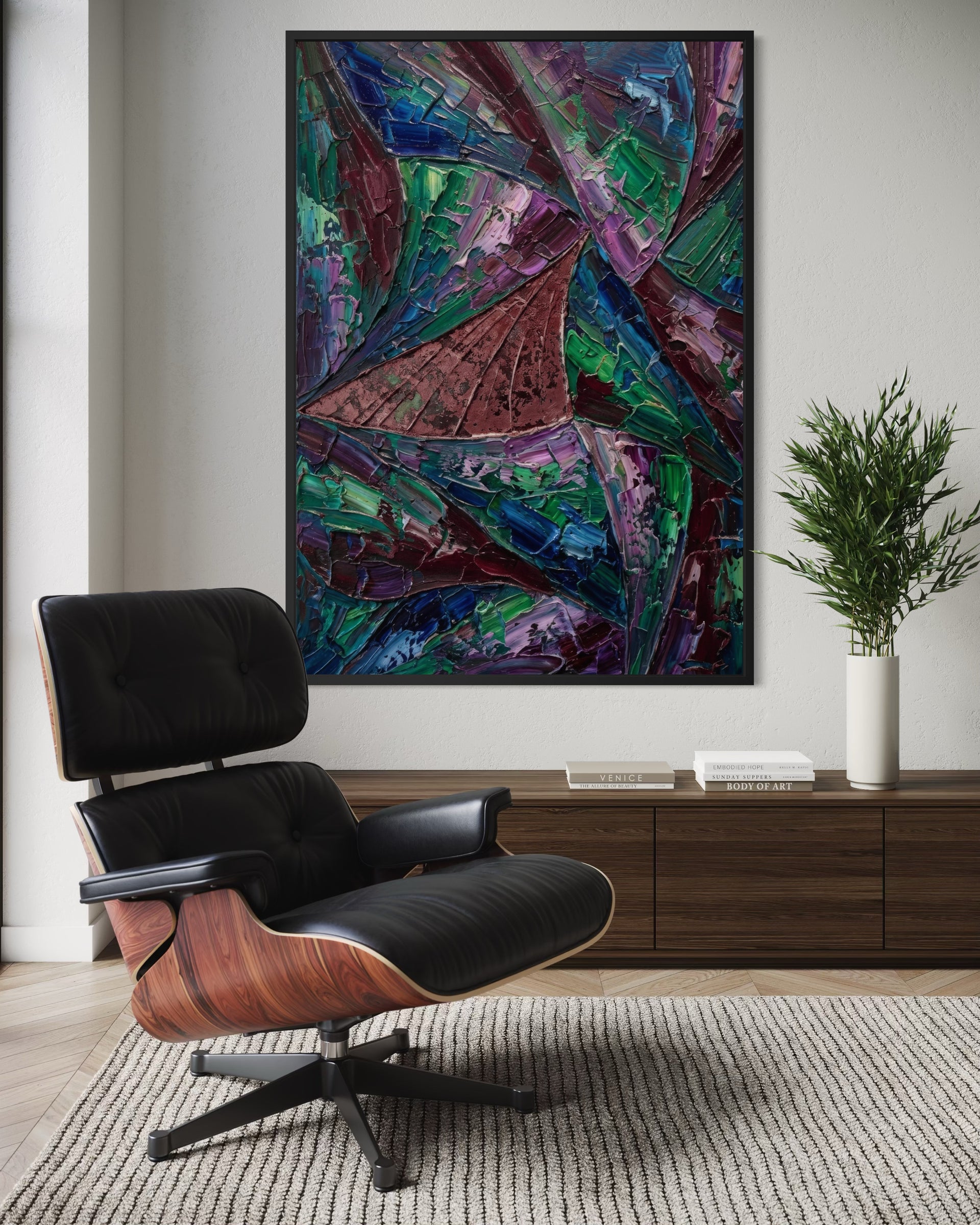 Mosaico Notturno in cornice nera, astratto multicolore su tela