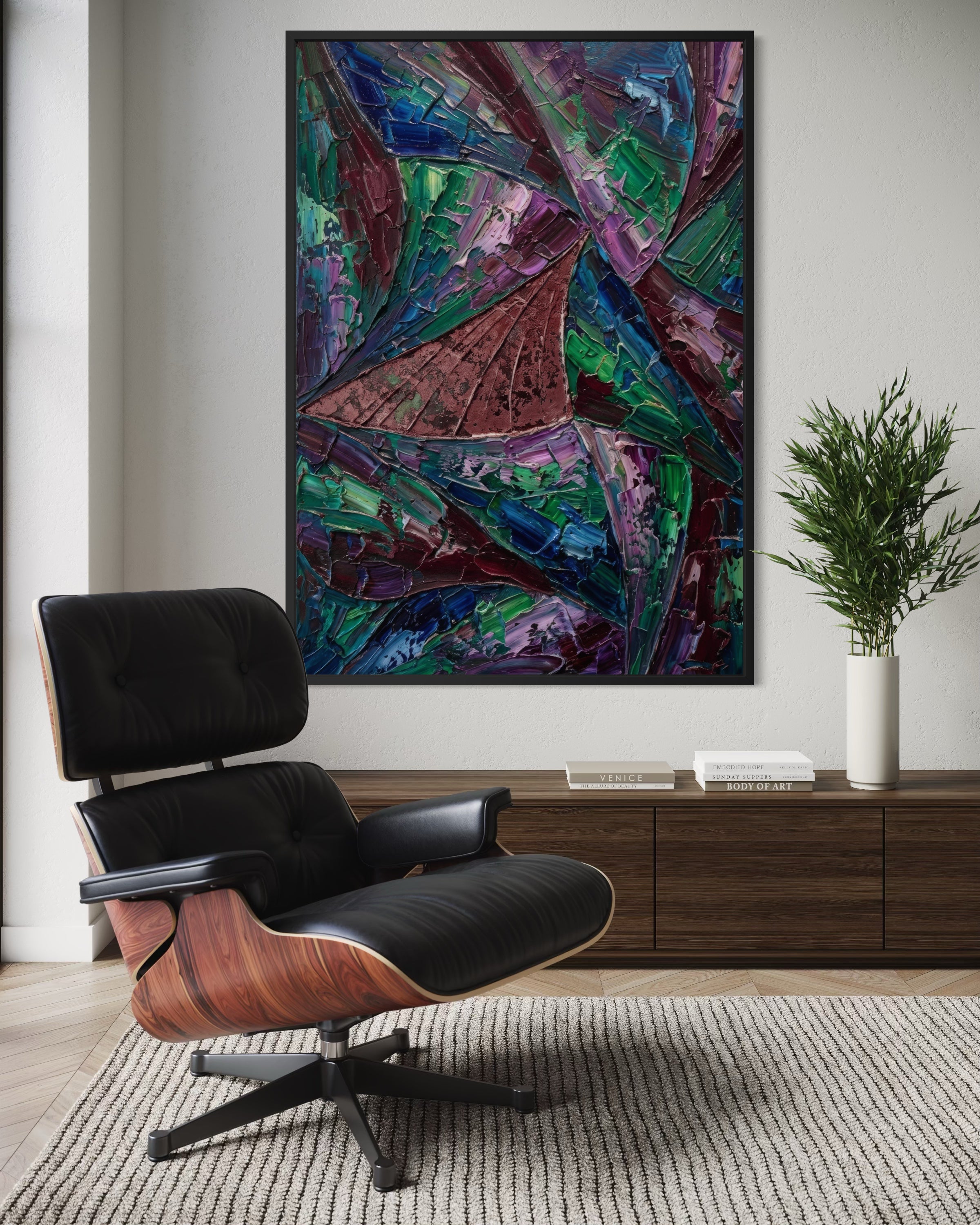 Mosaico Notturno in cornice nera, astratto multicolore su tela