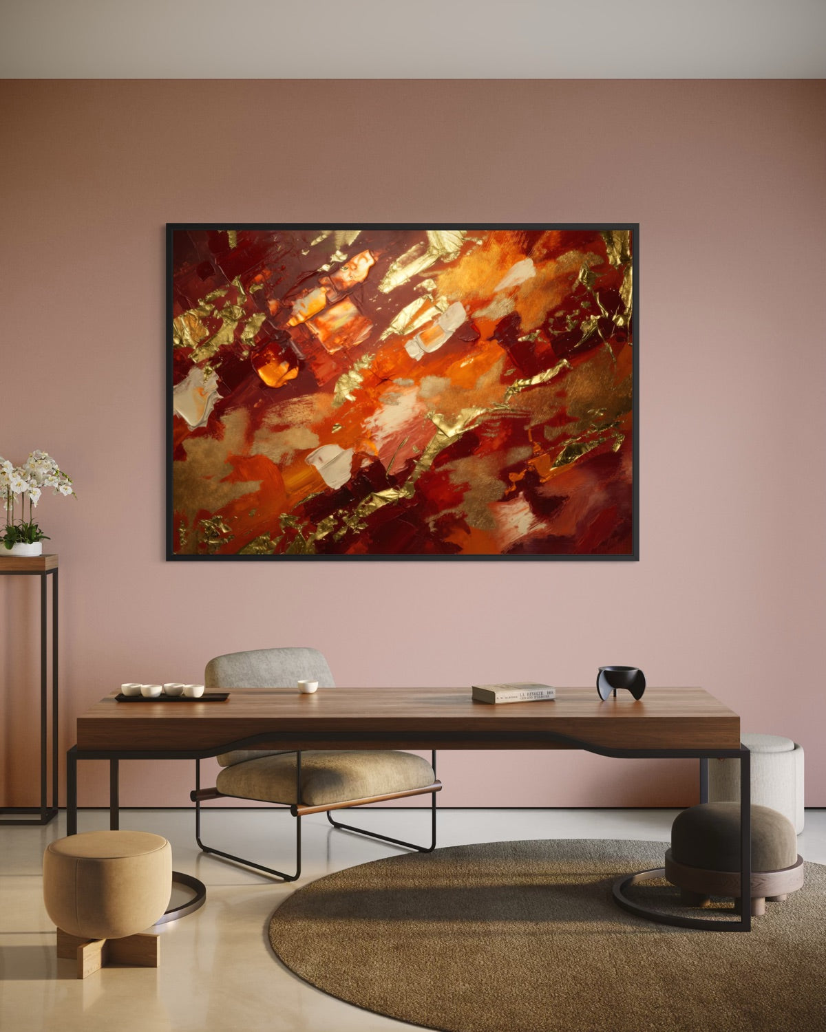 Stampa Magma dorato con cornice nera, astratto oro e rosso.