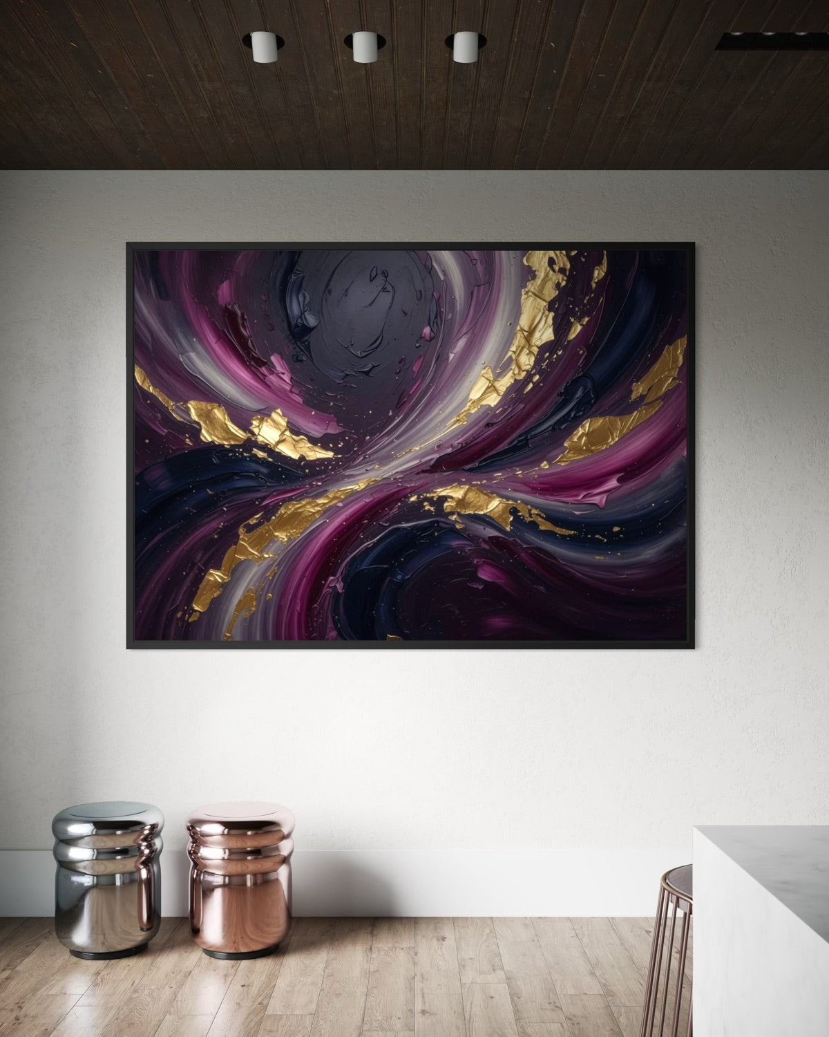 Quadro astratto viola con cornice nera e dettagli dorati e blu