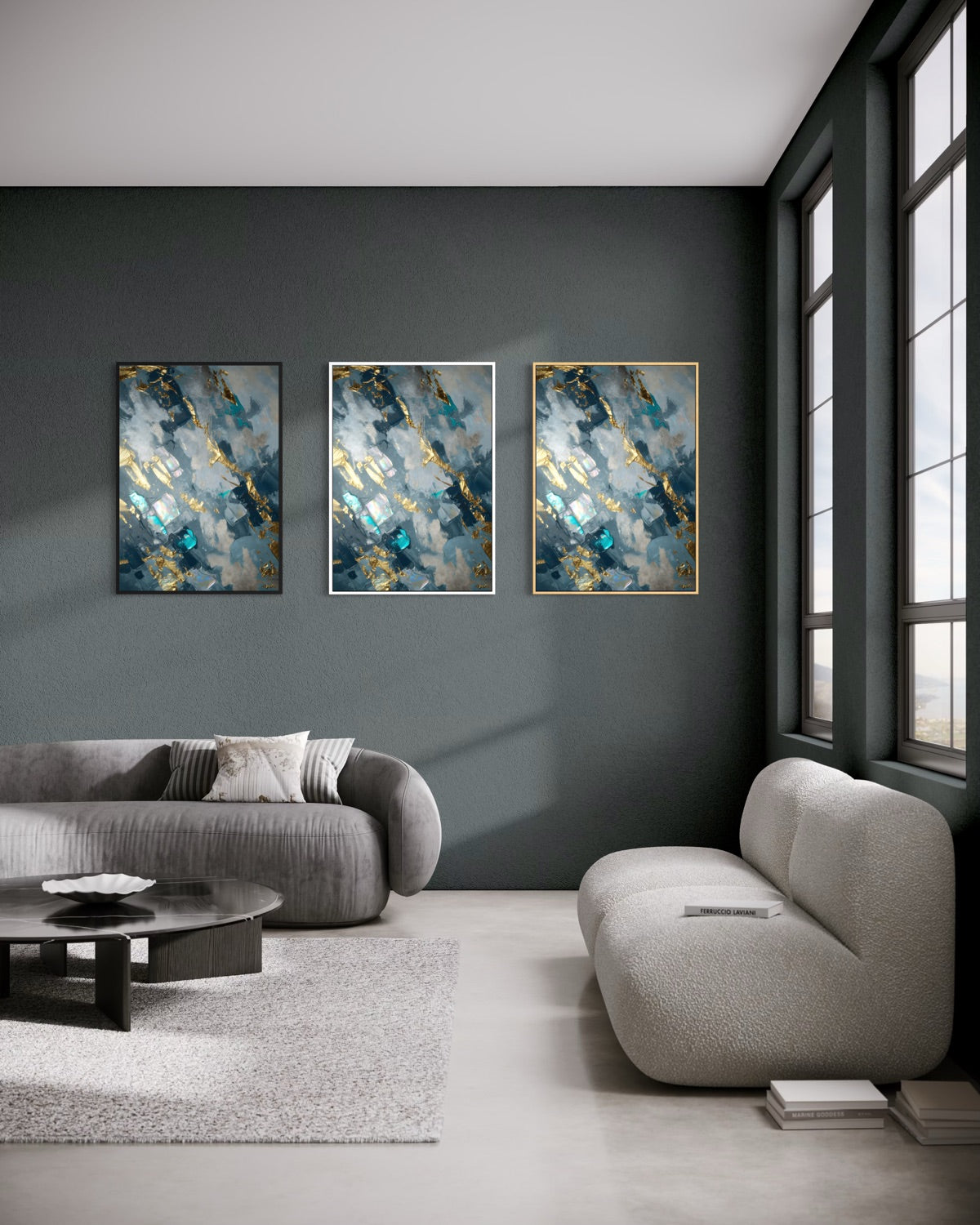 Set di 3 stampe incorniciate con astratto blu e oro, cornice scura, formato piccolo