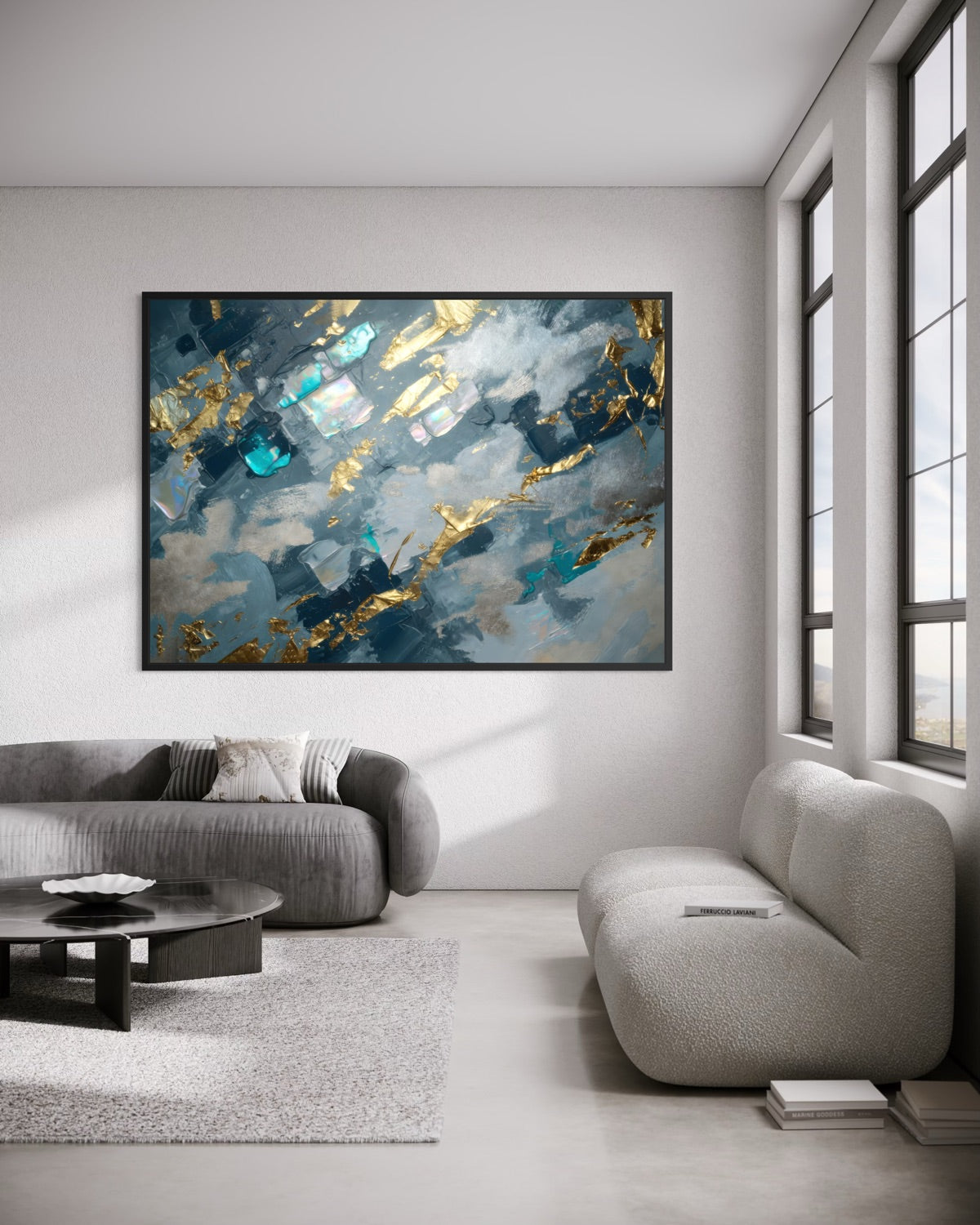 Stampa incorniciata con astratto blu e oro, cornice scura, formato grande
