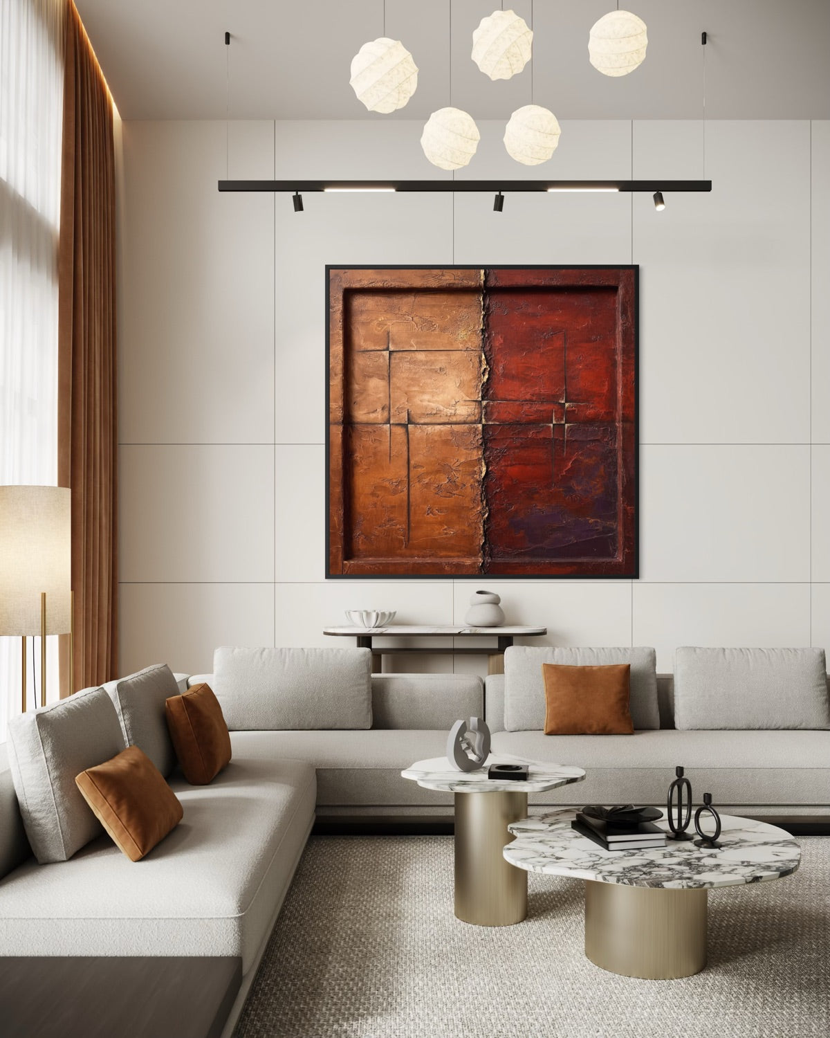 Quadro da parete astratto con cornice nera, due tonalità arancio e rosso