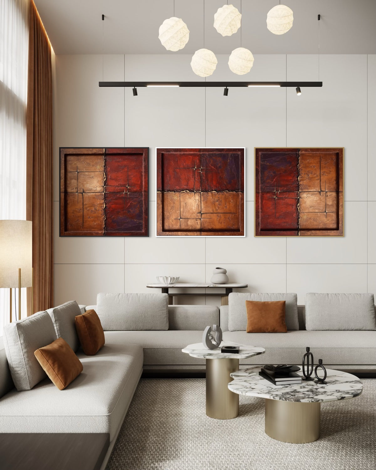 Set di tre quadri da parete astratti con cornici nere, pannelli arancio e rosso