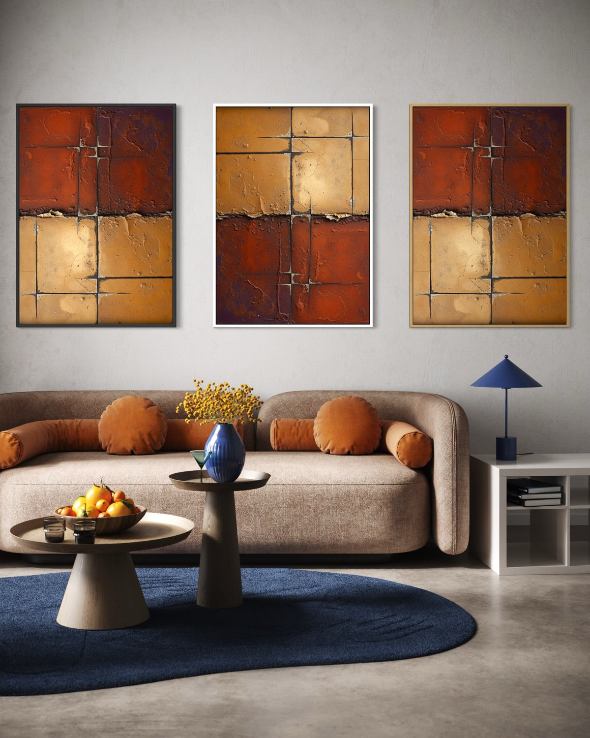 Set di 3 quadri astratti con cornici nere e pannelli rosso, arancione e crema