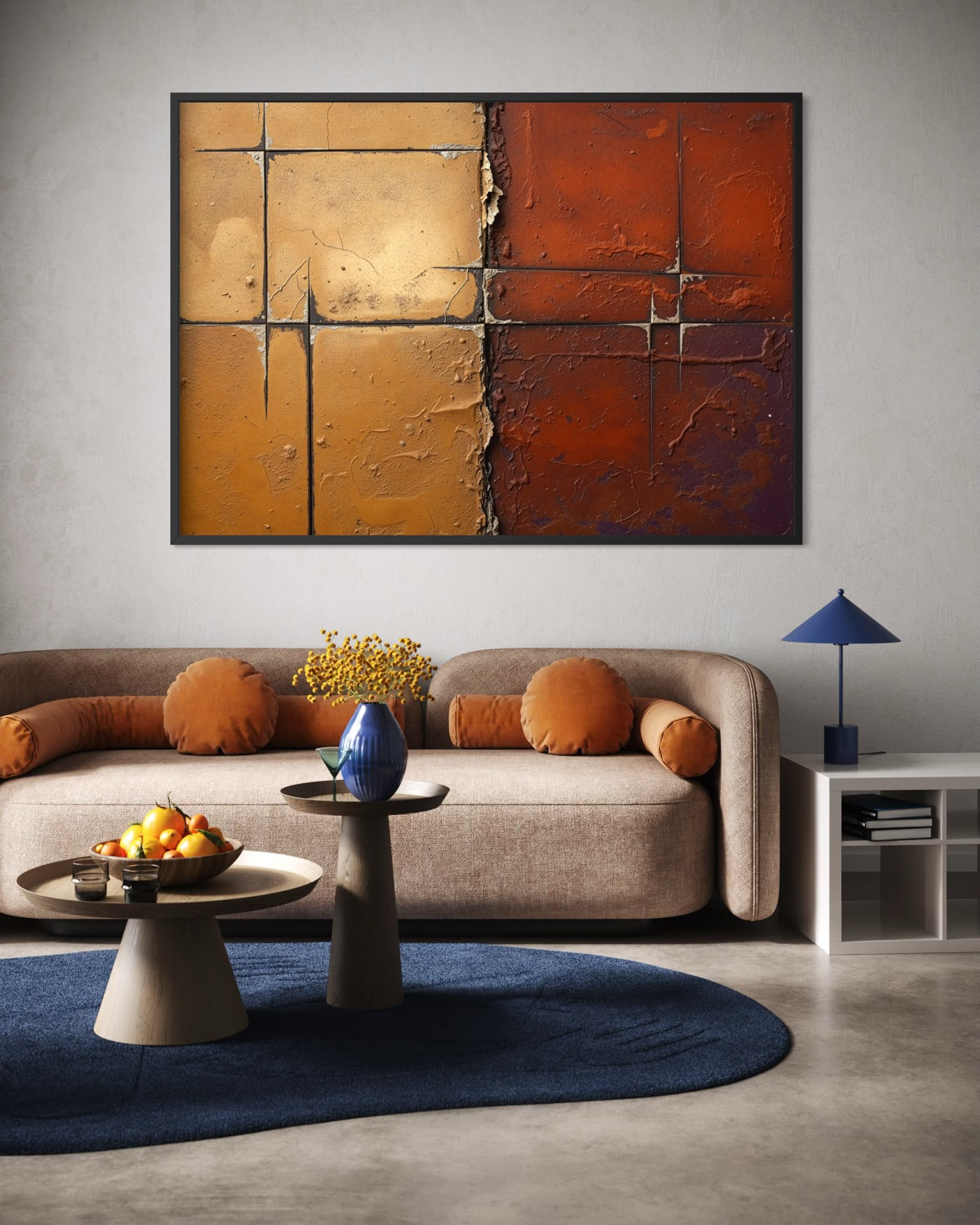 Quadro astratto con cornice nera e pannelli in rosso, arancione e crema a effetto mattoni
