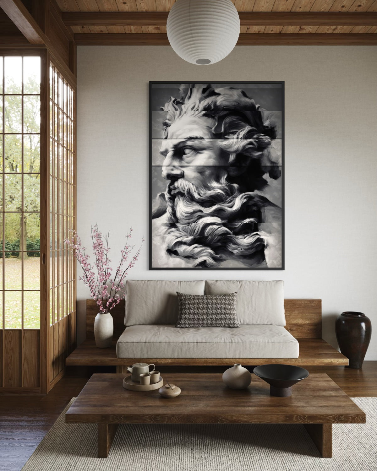 Stampa artistica mitologica con volto in bianco e nero, cornice scura