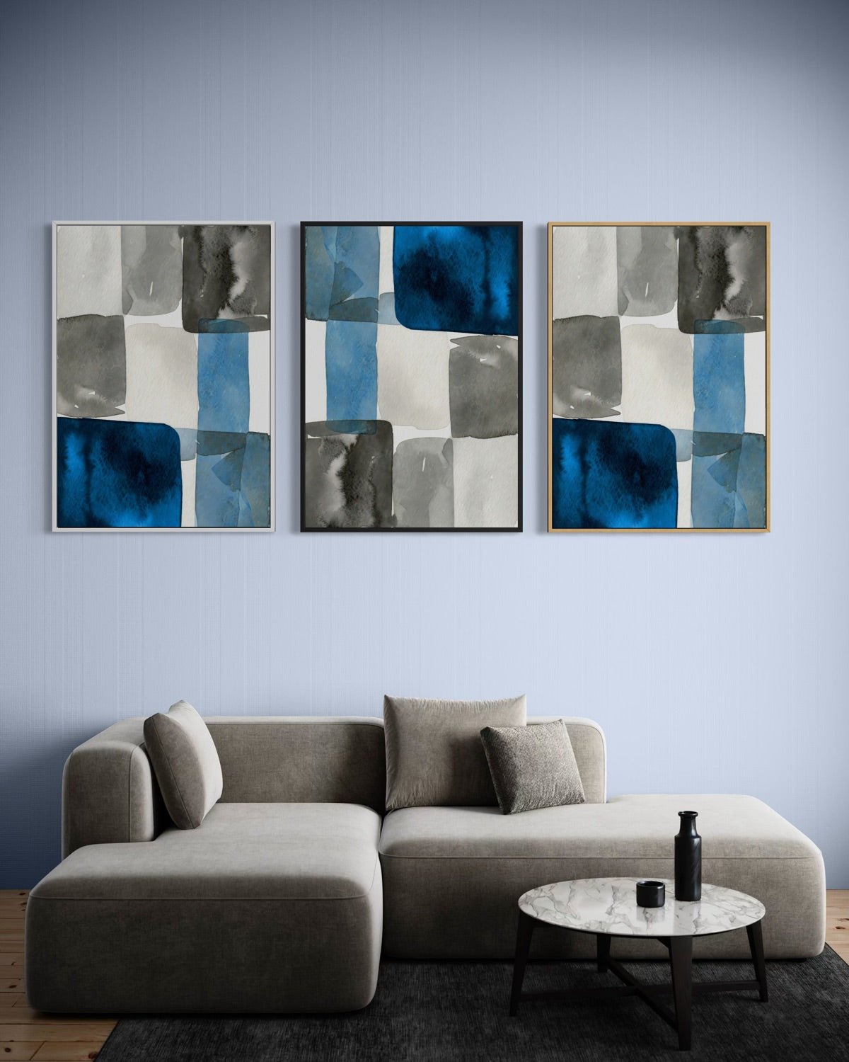 Set di 3 stampe astratte in cornice con inserti blu e grigi
