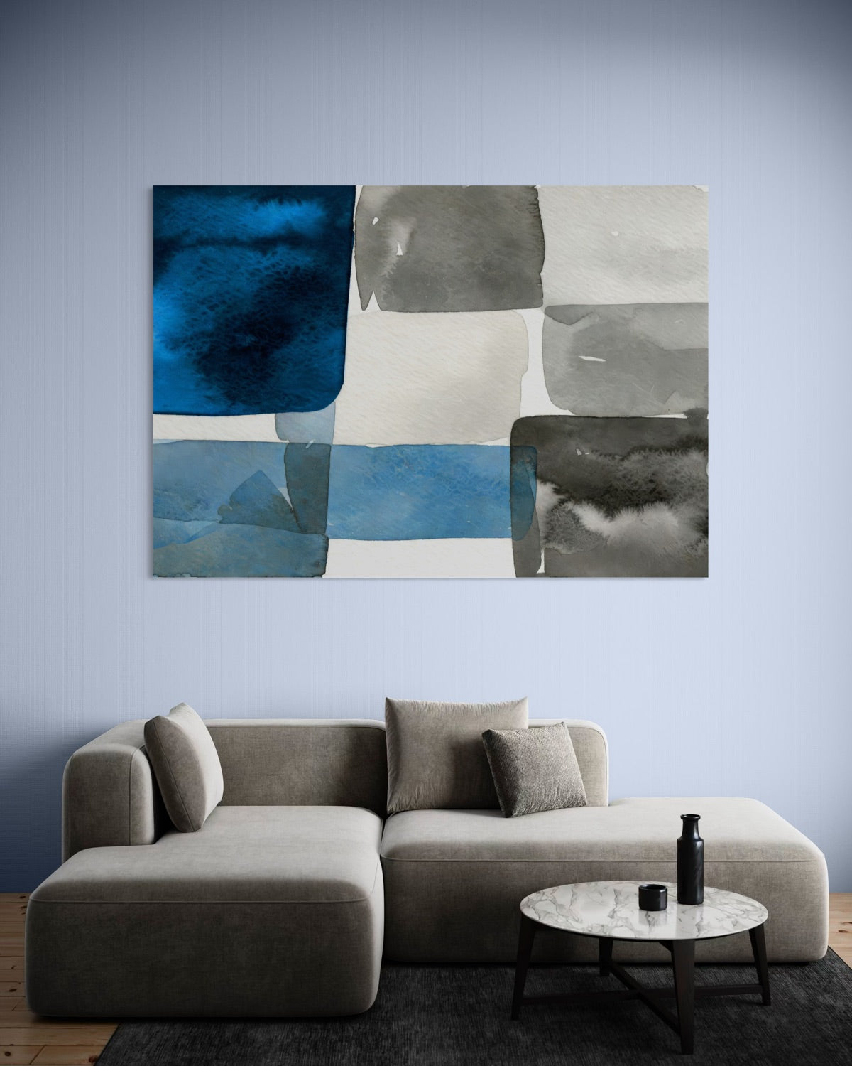 Stampa astratta in cornice con pannelli blu, grigi e bianchi