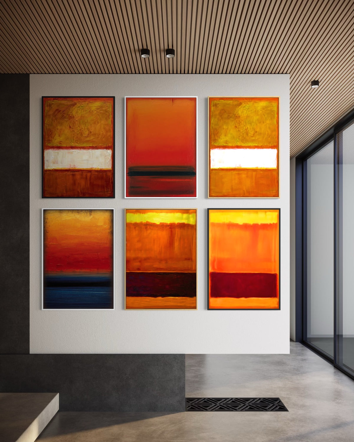 Set di 6 stampe d’arte astratte incorniciate, arancio e rosso con strisce bianche