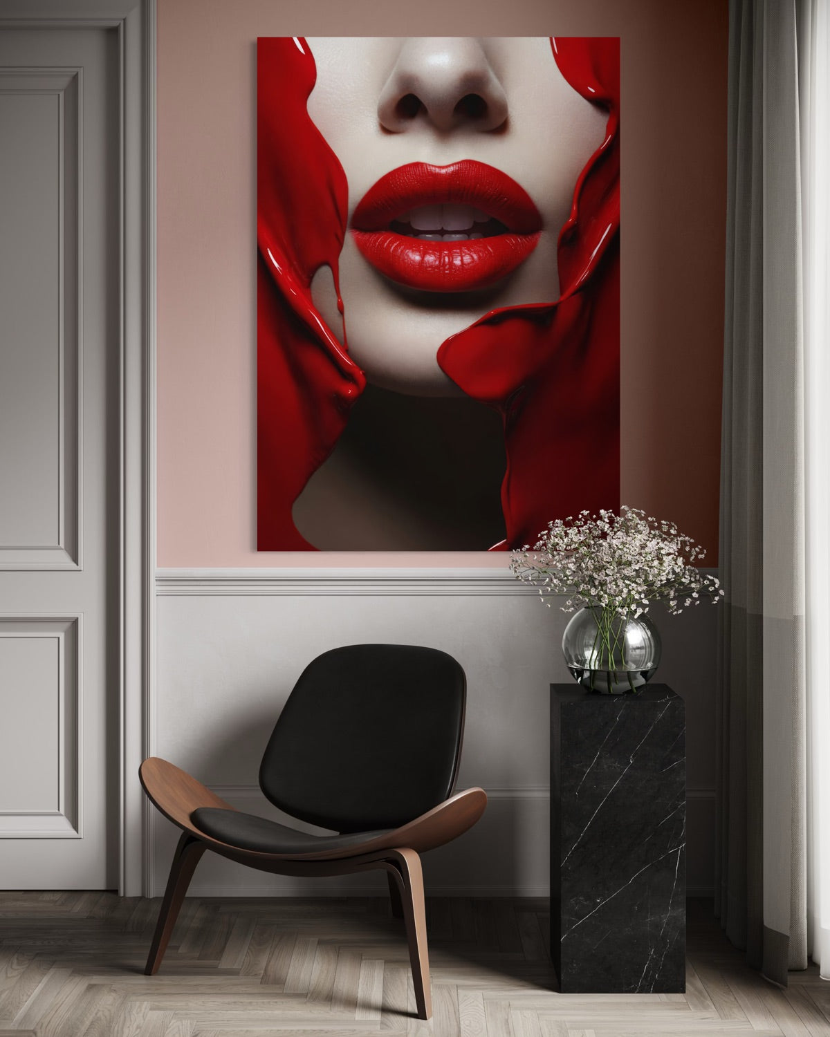 Stampa incorniciata rossetto liquido con labbra rosse su sfondo chiaro, verticale