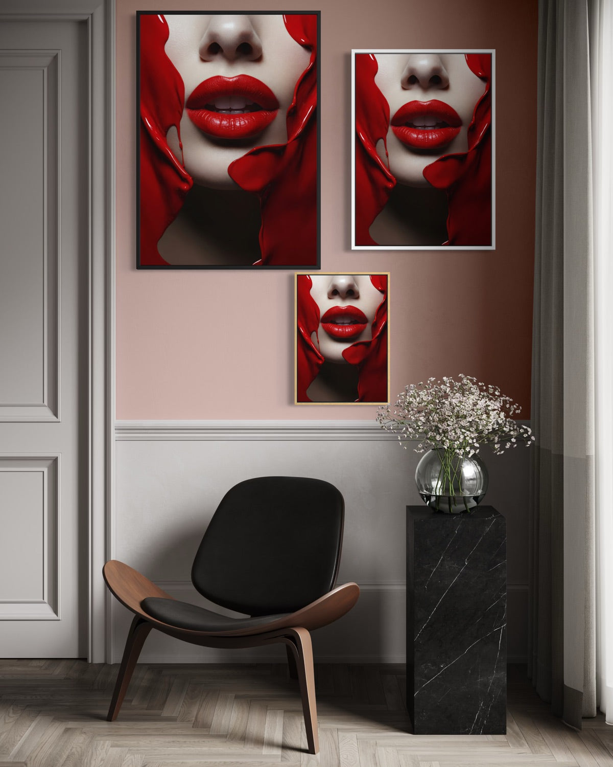 Set di 3 stampe incorniciate rossetto liquido con labbra rosse, composizione