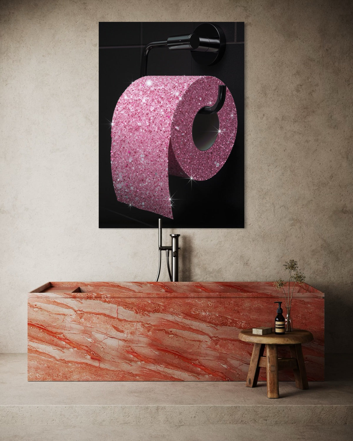 Stampa incorniciata nera con glitter rosa, grande lettera astratta su sfondo scuro
